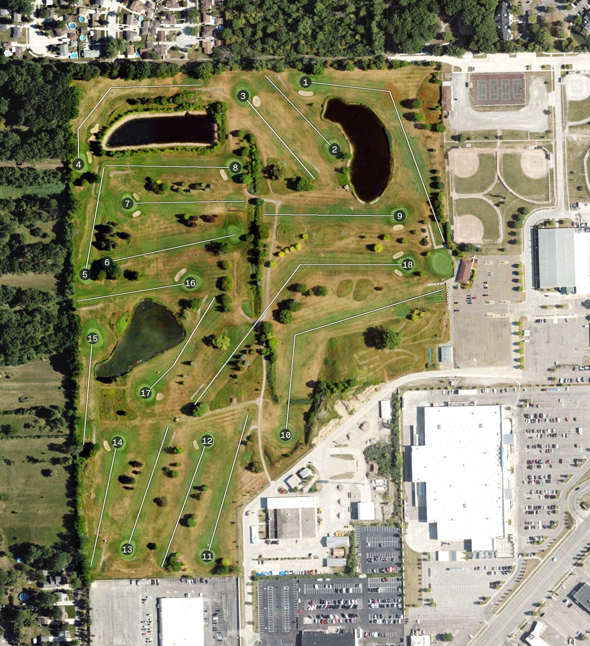 Aerial view of Southwinds Golf Course, MI, with its hole routing marked