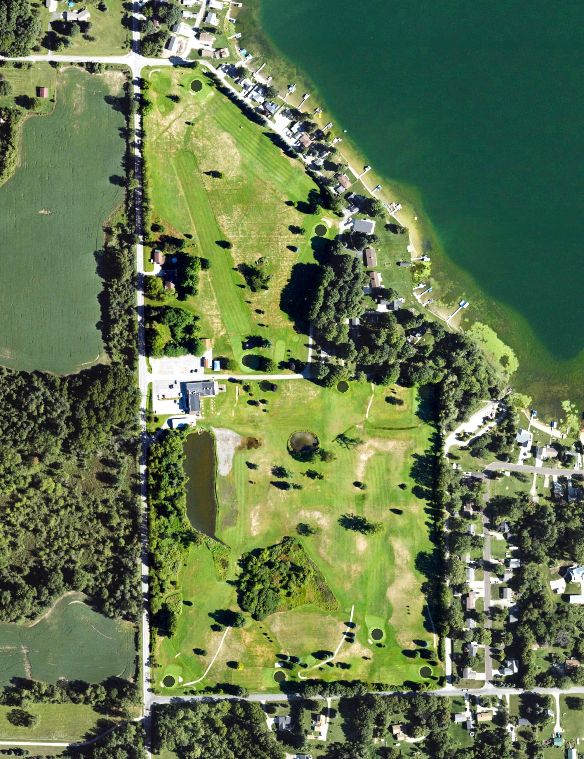Aerial view of Sparta Moose Lodge Golf Course, MI, with its hole routing marked