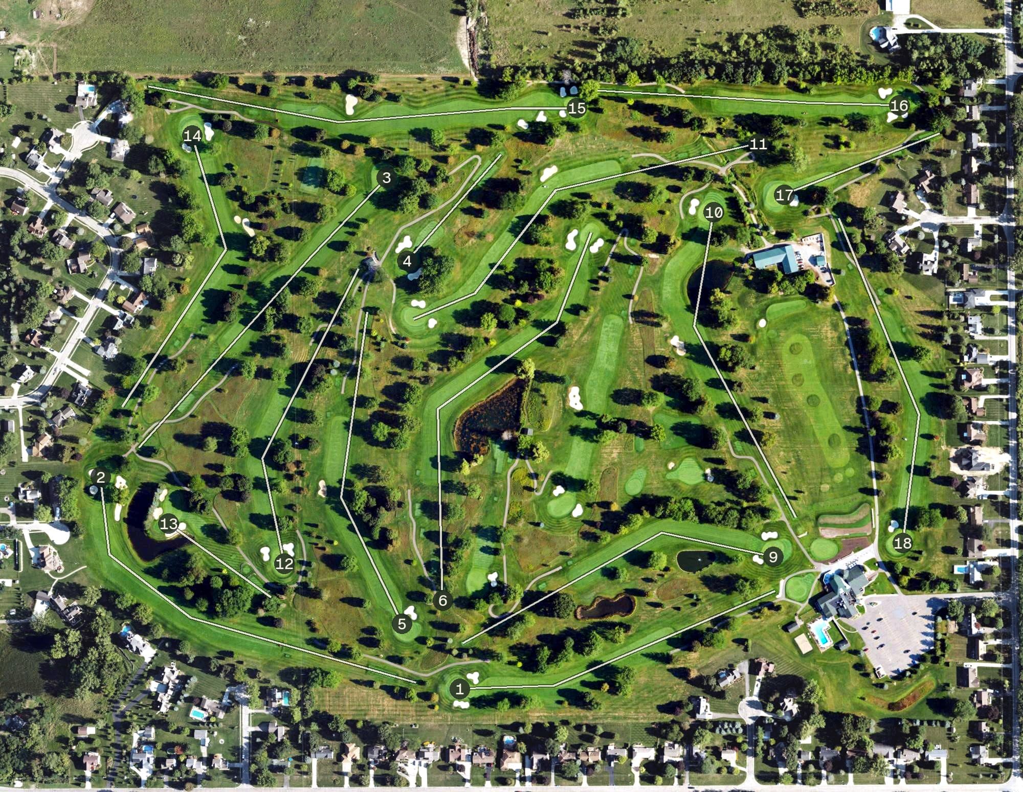 Aerial view of Spring Meadows Country Club, MI, with its hole routing marked