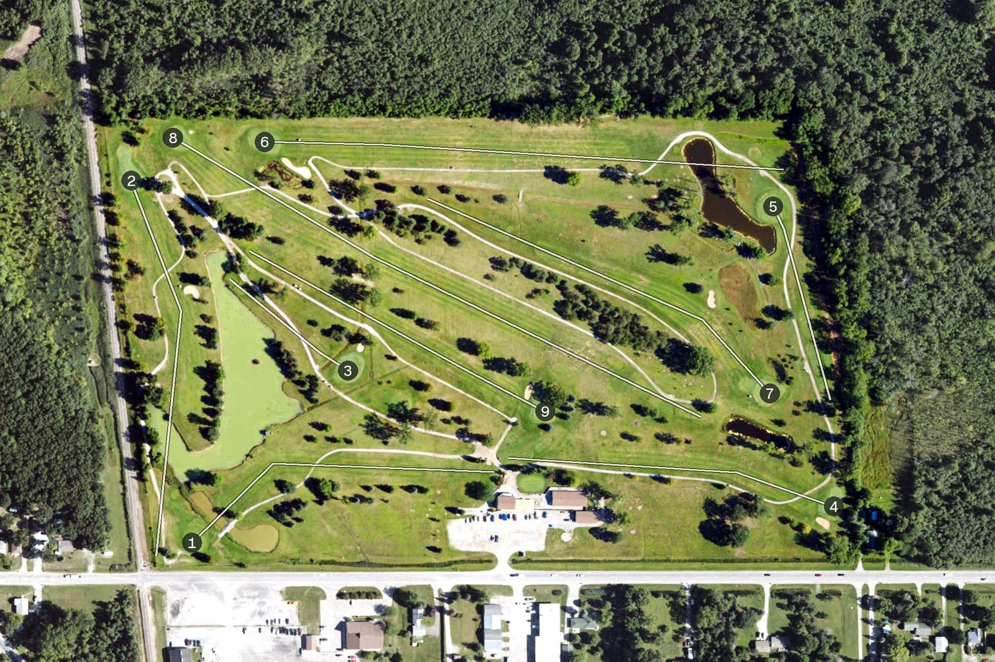 Aerial view of Spring Valley Golf Course, MI, with its hole routing marked