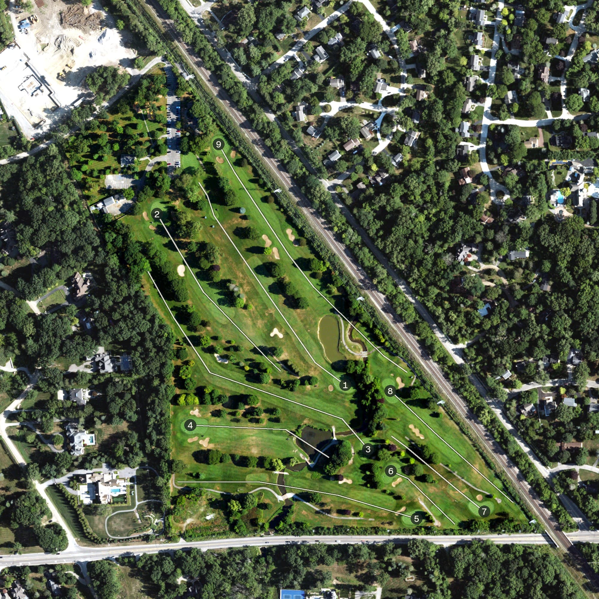 Aerial view of Springdale Park and Golf Course, MI, with its hole routing marked