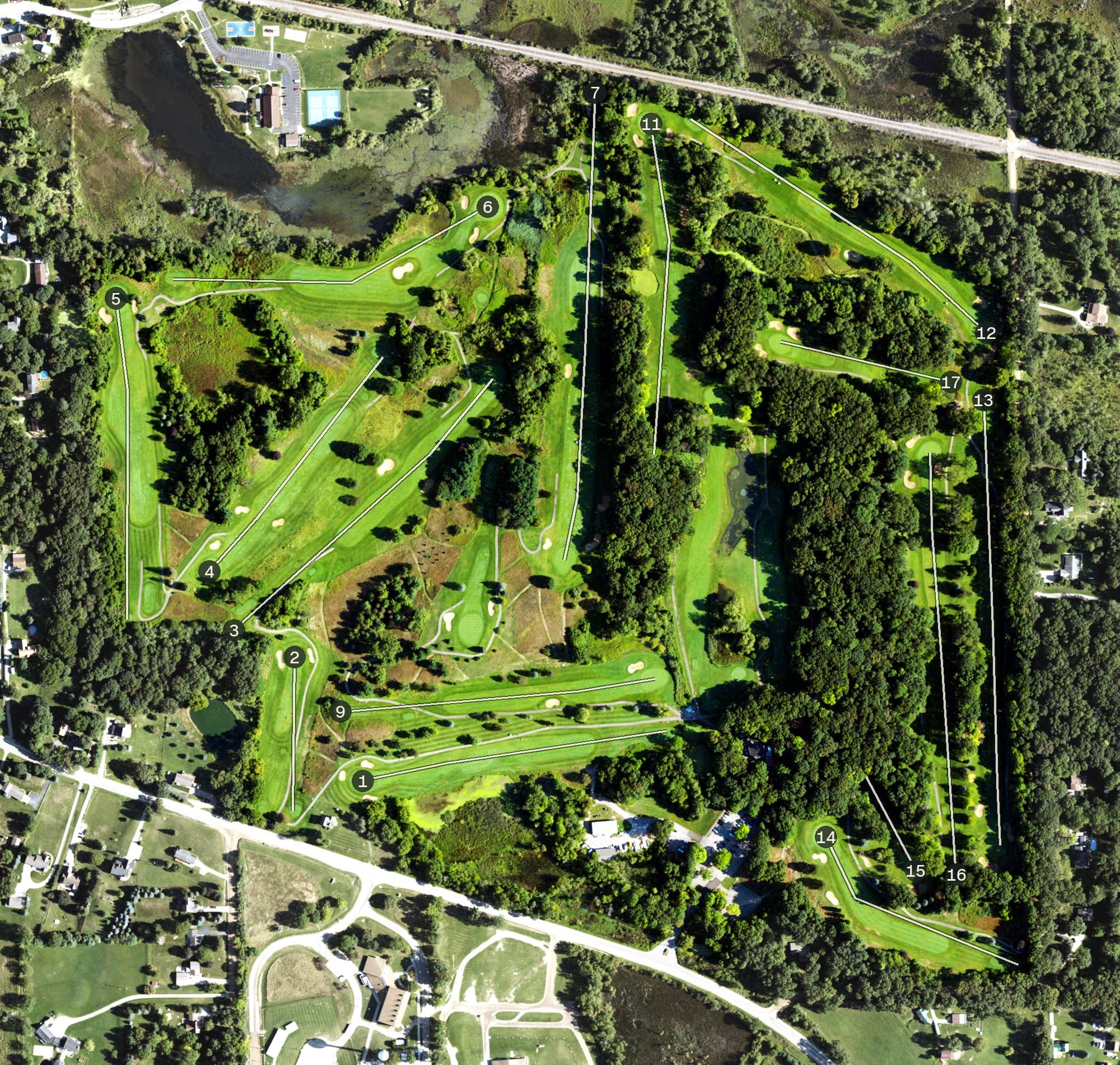 Aerial view of Springfield Oaks Golf Course, MI, with its hole routing marked