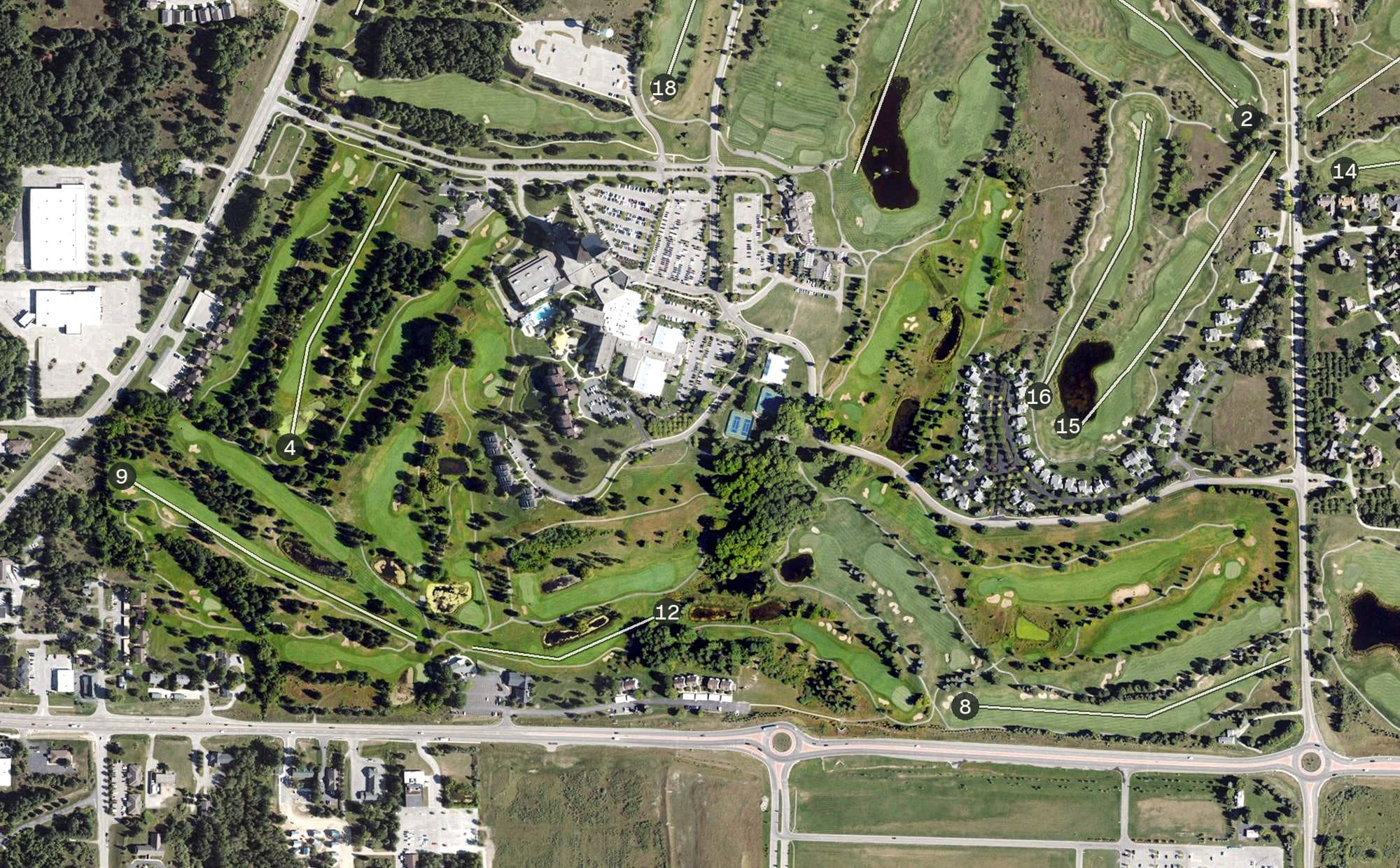 Aerial view of Spruce Run Golf Course, MI, with its hole routing marked