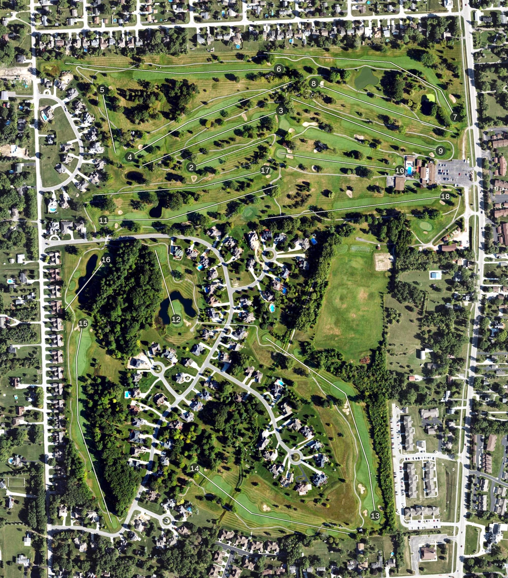 Aerial view of St. Clair Golf Club, MI, with its hole routing marked