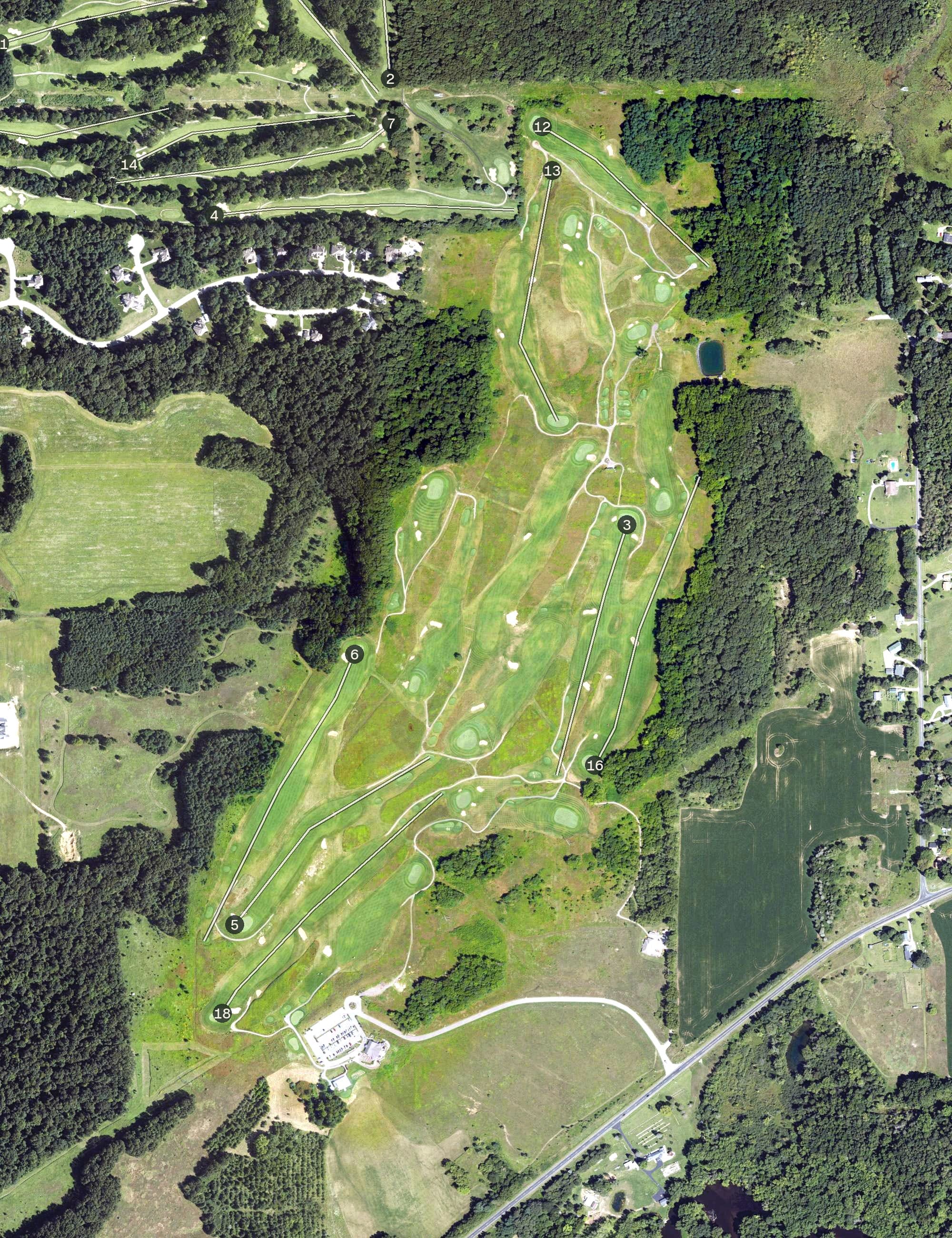 Aerial view of Stoatin Brae Golf Club, MI, with its hole routing marked
