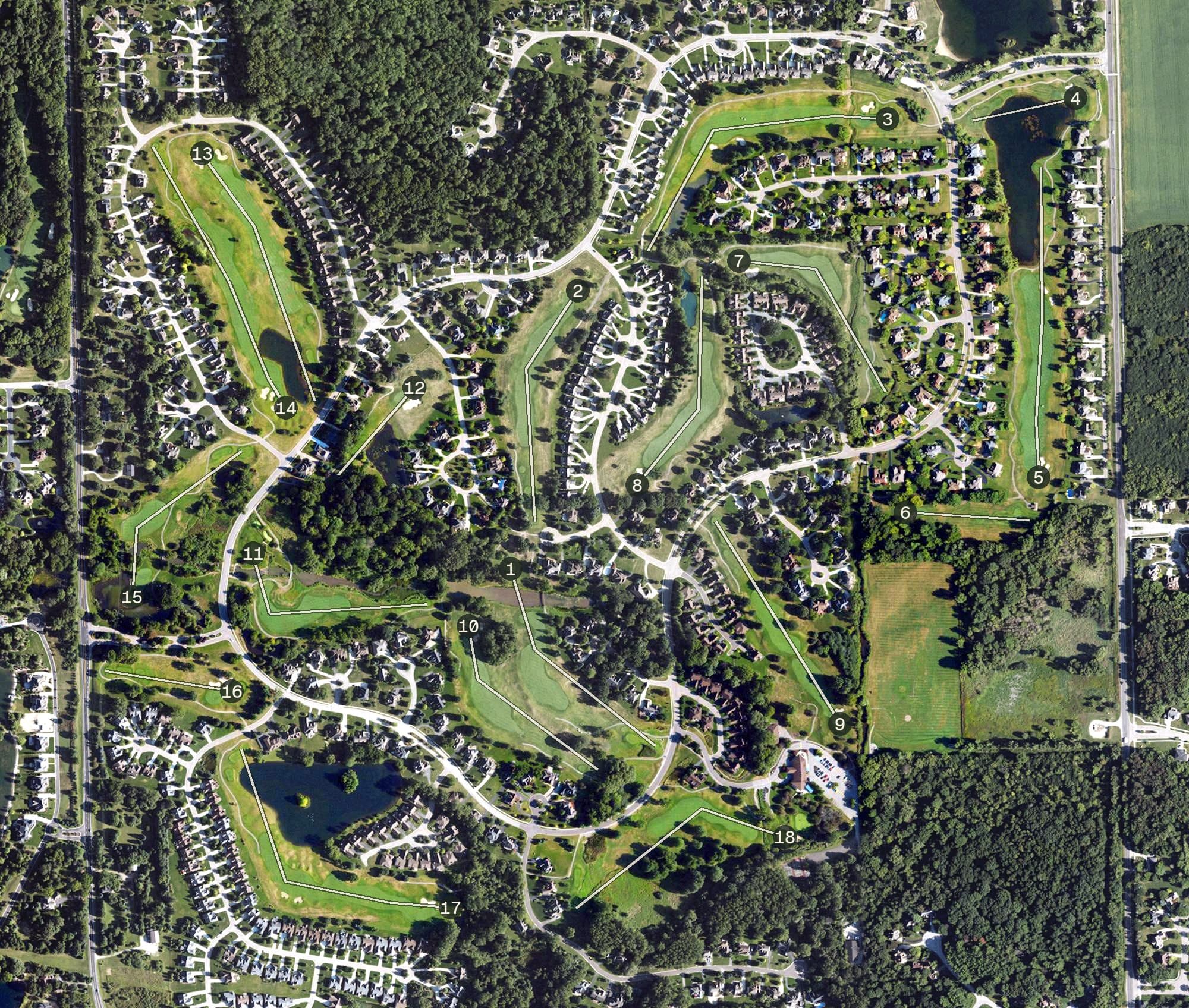 Aerial view of Stonebridge Golf Club, MI, with its hole routing marked