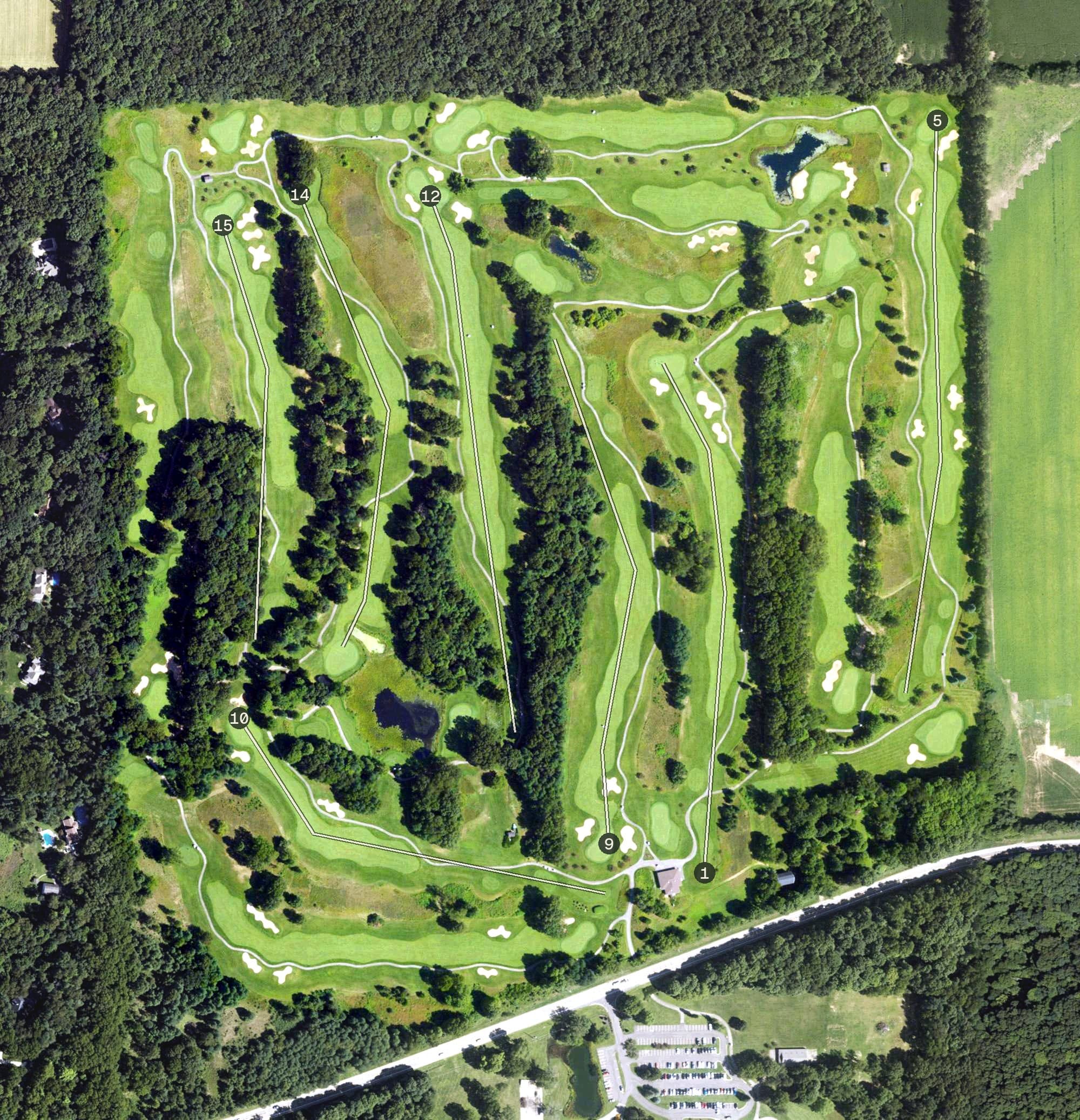 Aerial view of Stonehedge North, MI, with its hole routing marked