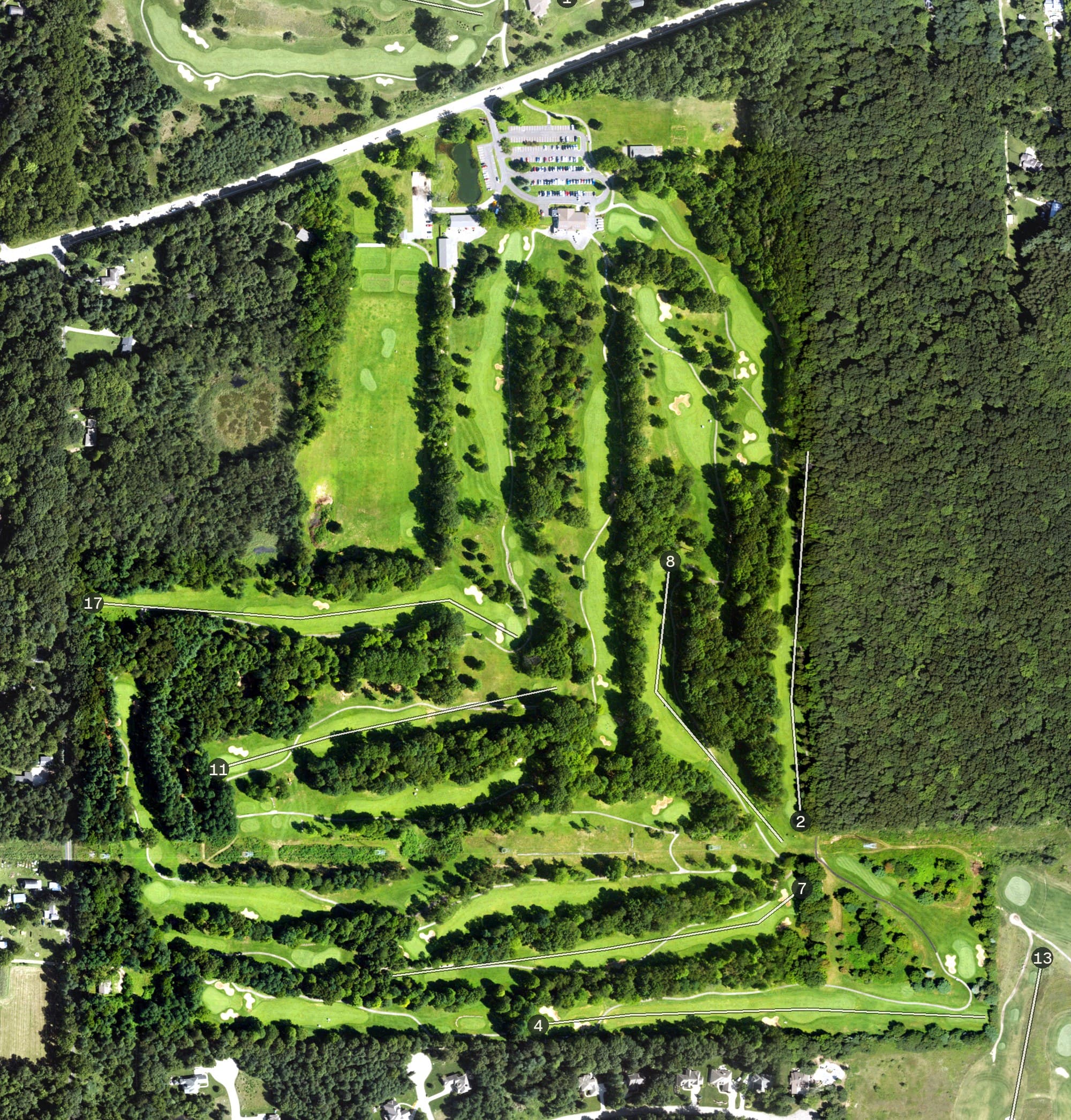 Aerial view of Stonehedge South, MI, with its hole routing marked