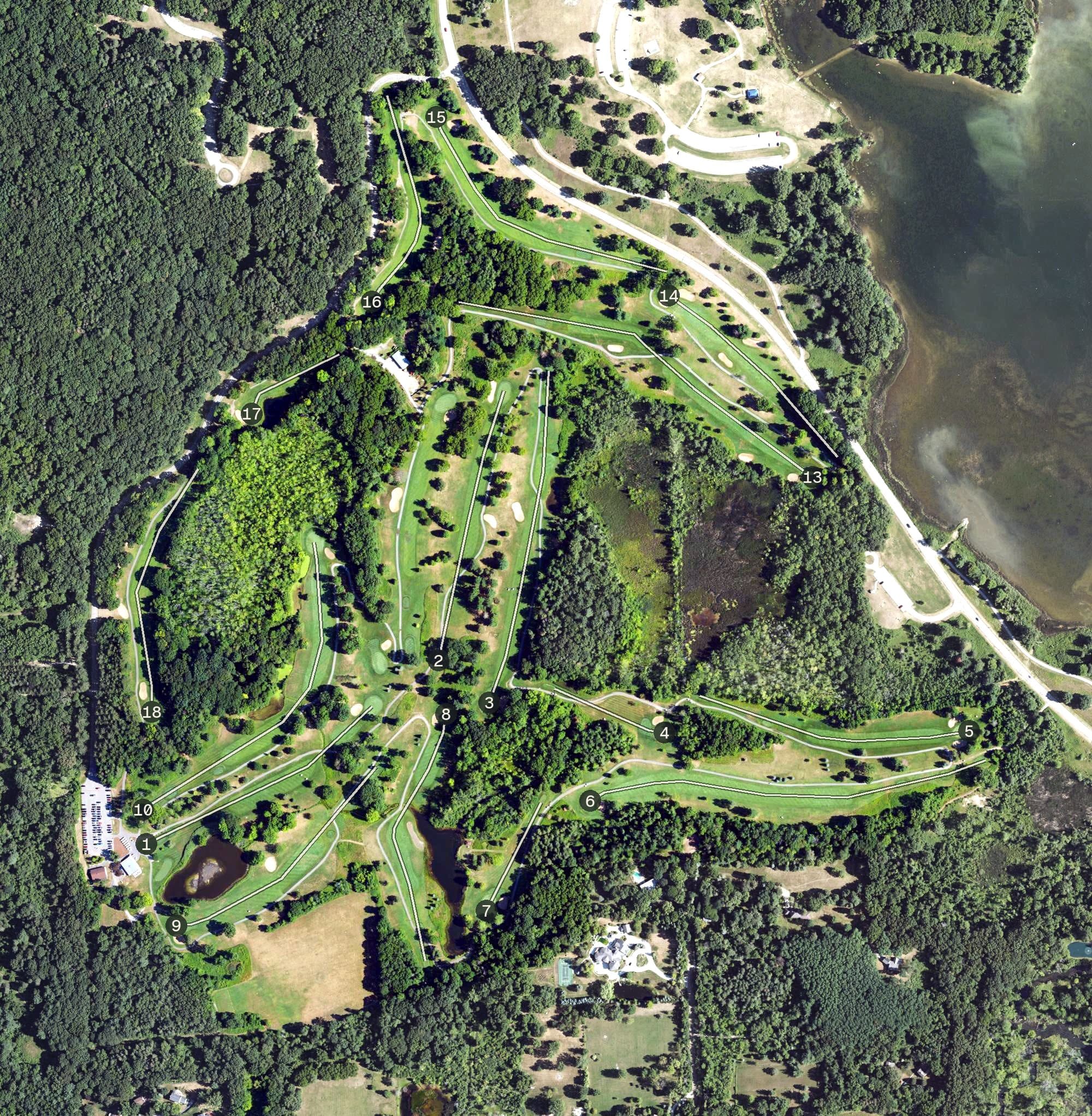 Aerial view of Stony Creek Metropark Golf Course, MI, with its hole routing marked