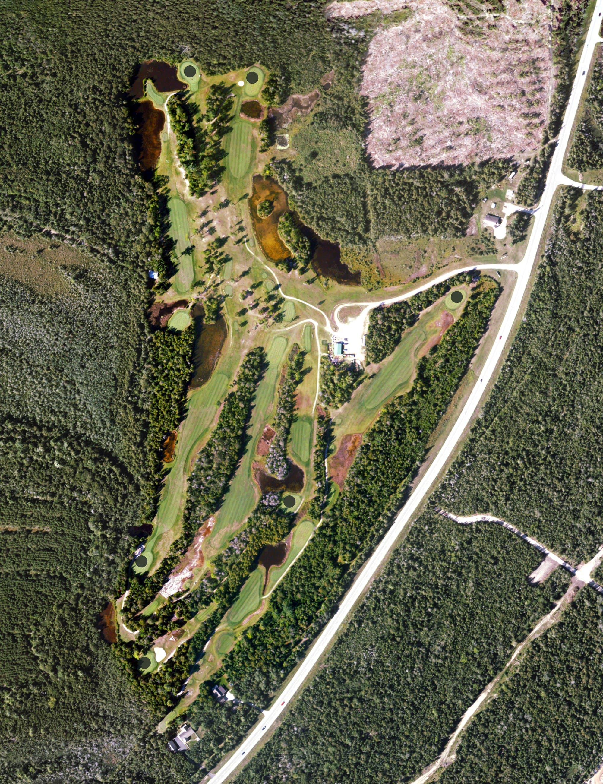 Aerial view of Stony Point Golf Course, MI, with its hole routing marked
