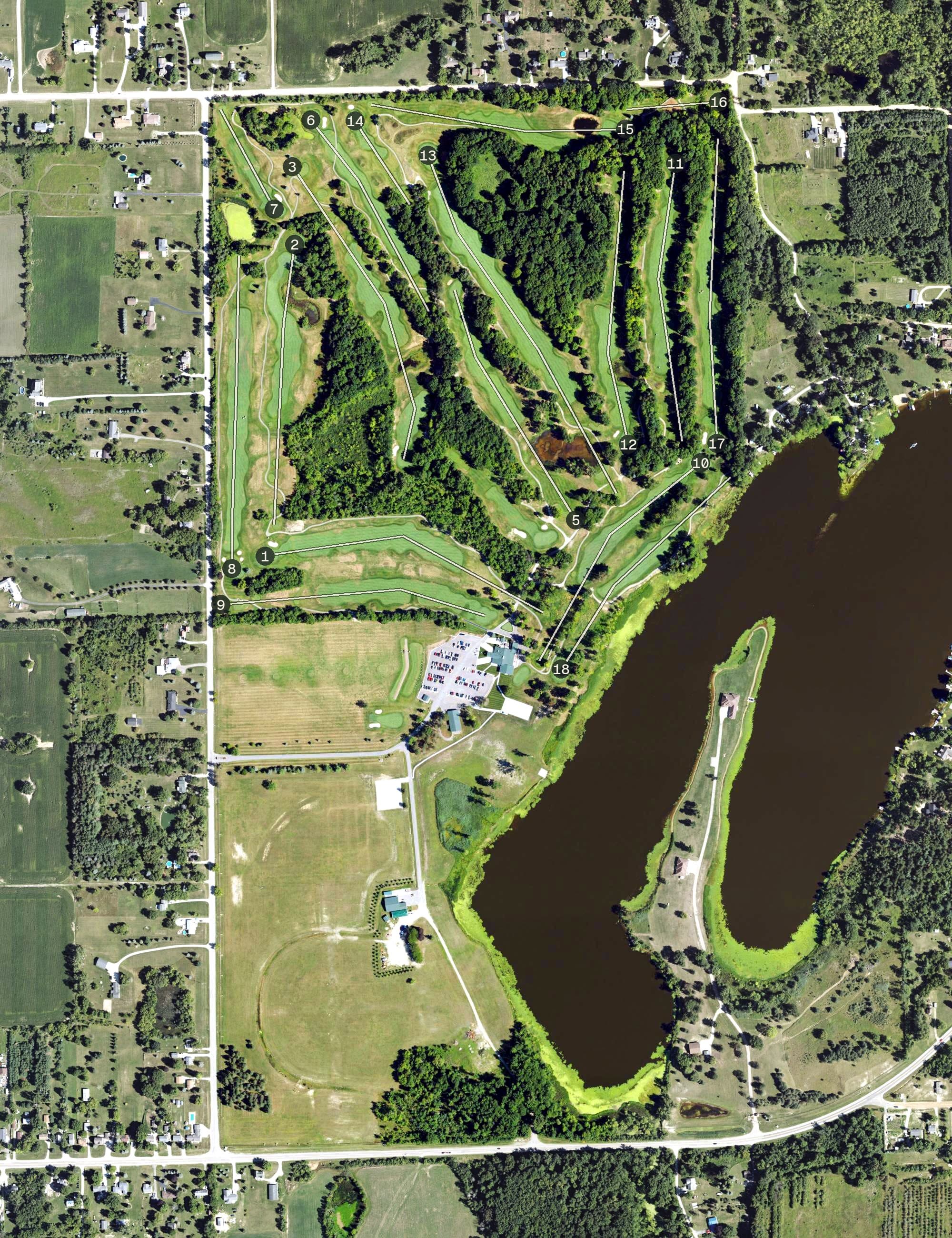 Aerial view of Sugarbush Golf Club, MI, with its hole routing marked