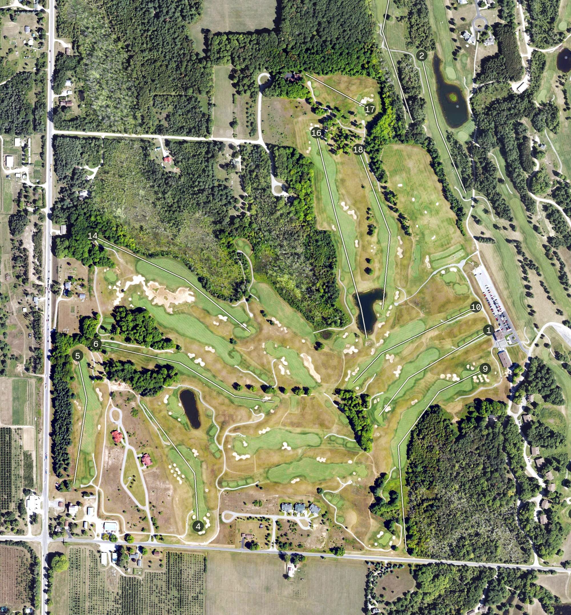 Aerial view of Sundance, MI, with its hole routing marked