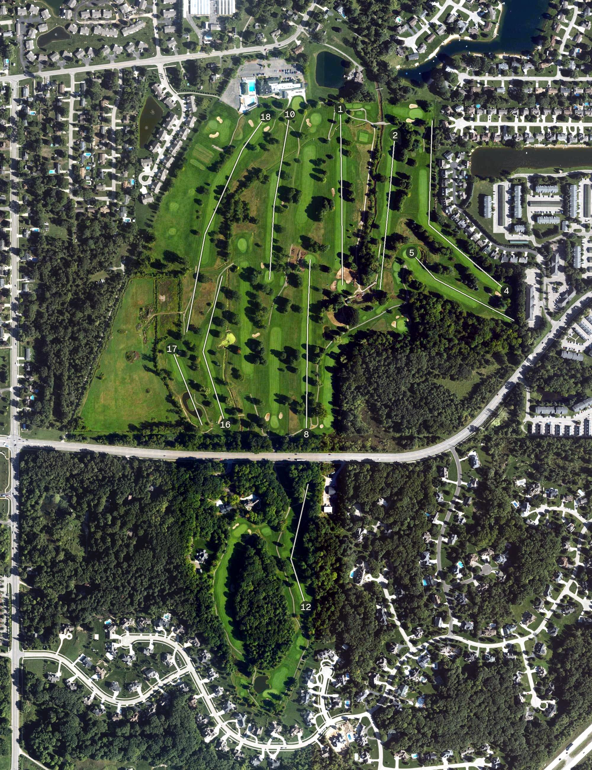 Aerial view of Sunnybrook Country Club, MI, with its hole routing marked