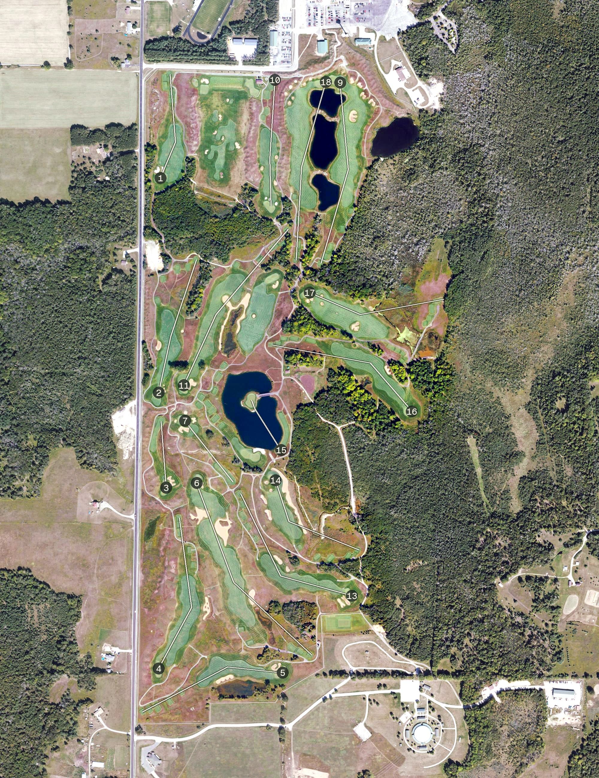 Aerial view of Sweetgrass Golf Club, MI, with its hole routing marked