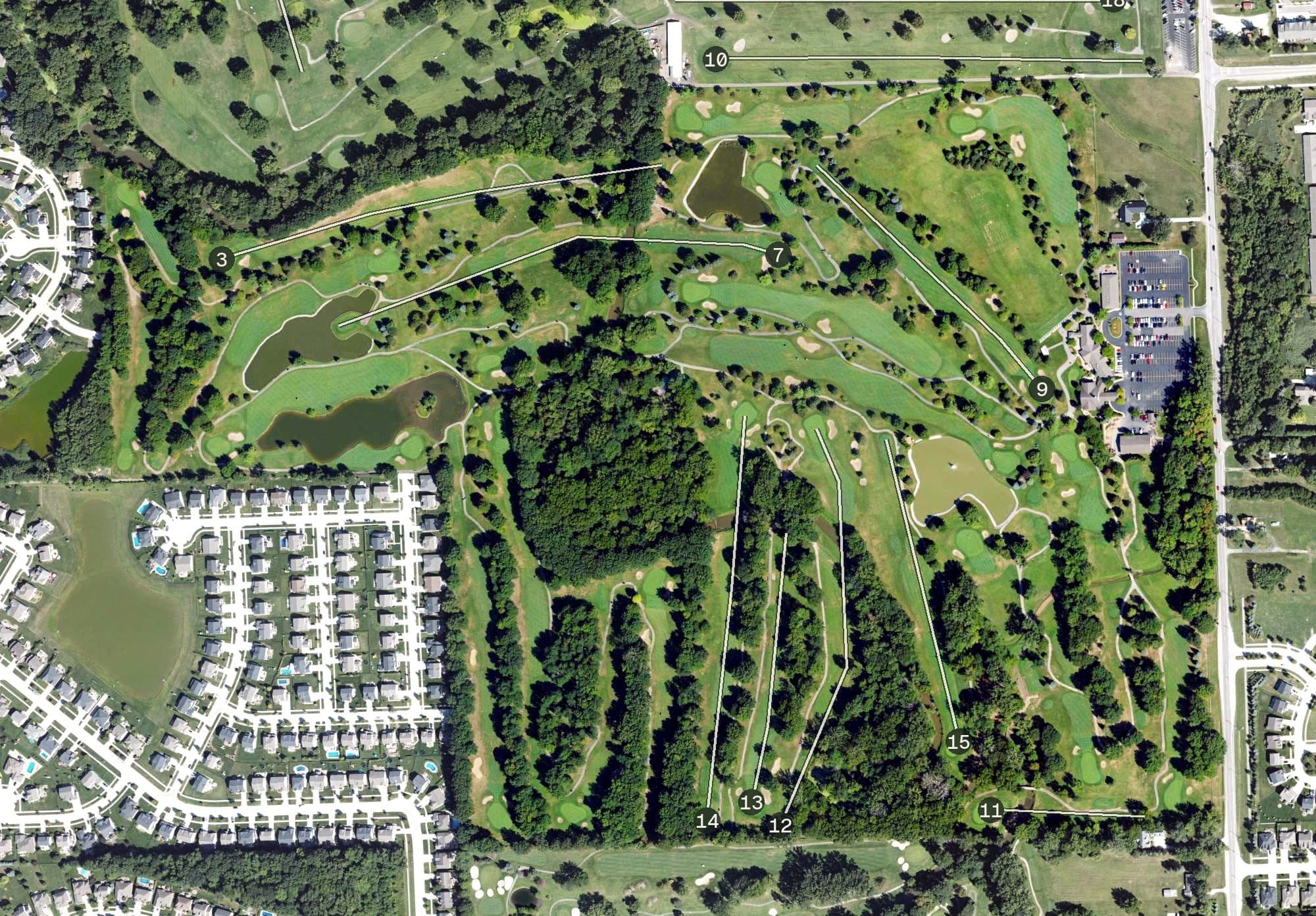 Aerial view of Sycamore Hills Golf Club, MI, with its hole routing marked