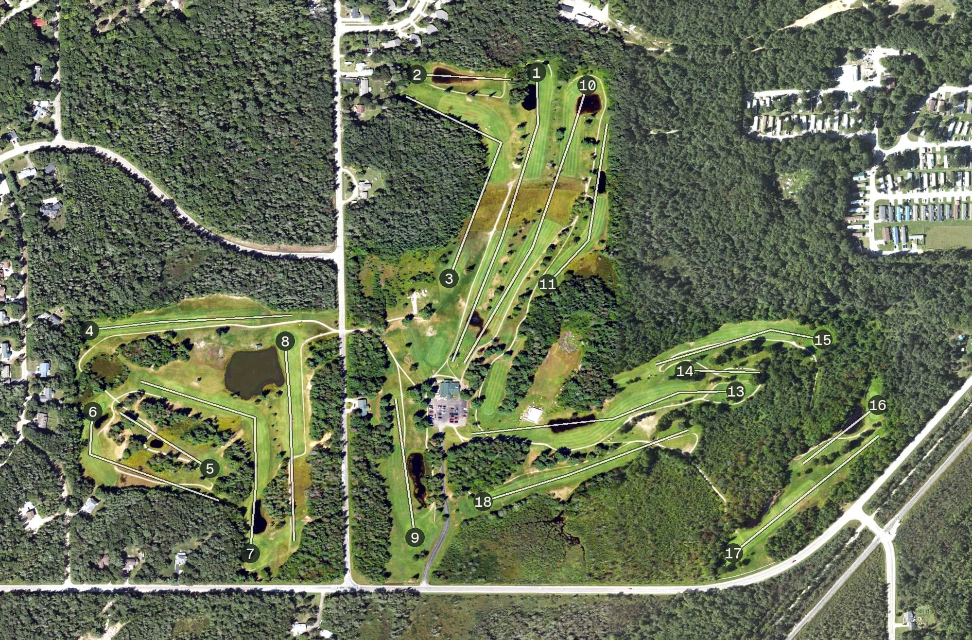 Aerial view of Tanglewood Marsh Golf Course, MI, with its hole routing marked