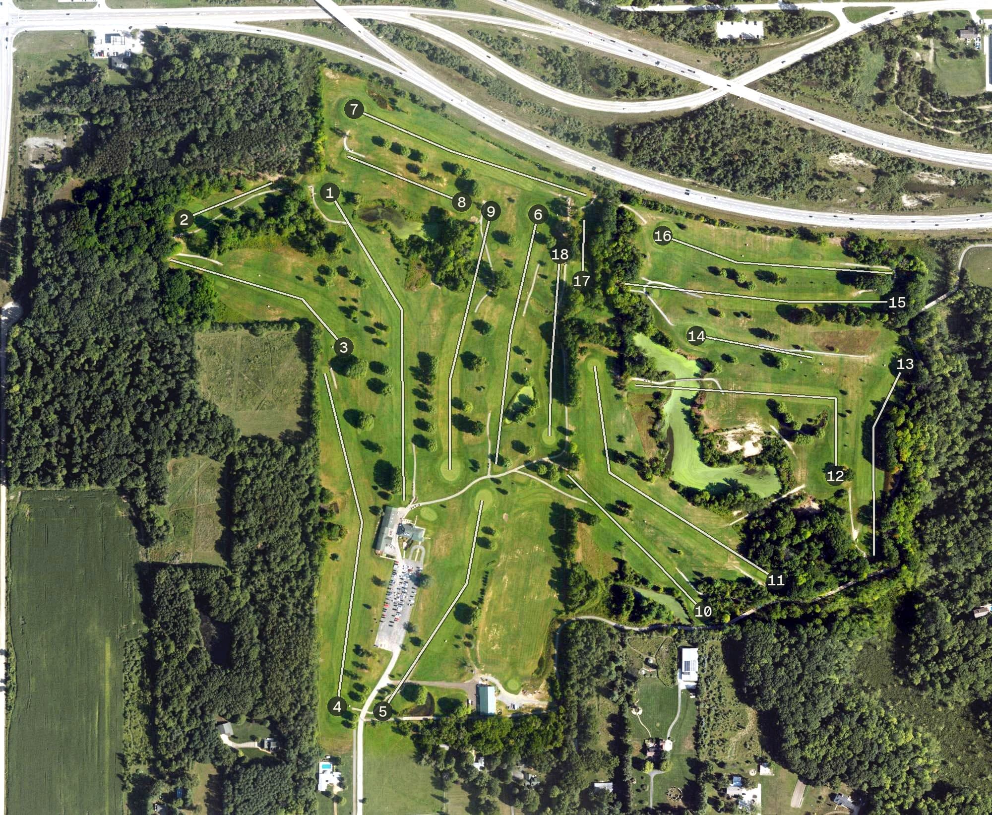 Aerial view of Terra Verde Golf Course, MI, with its hole routing marked