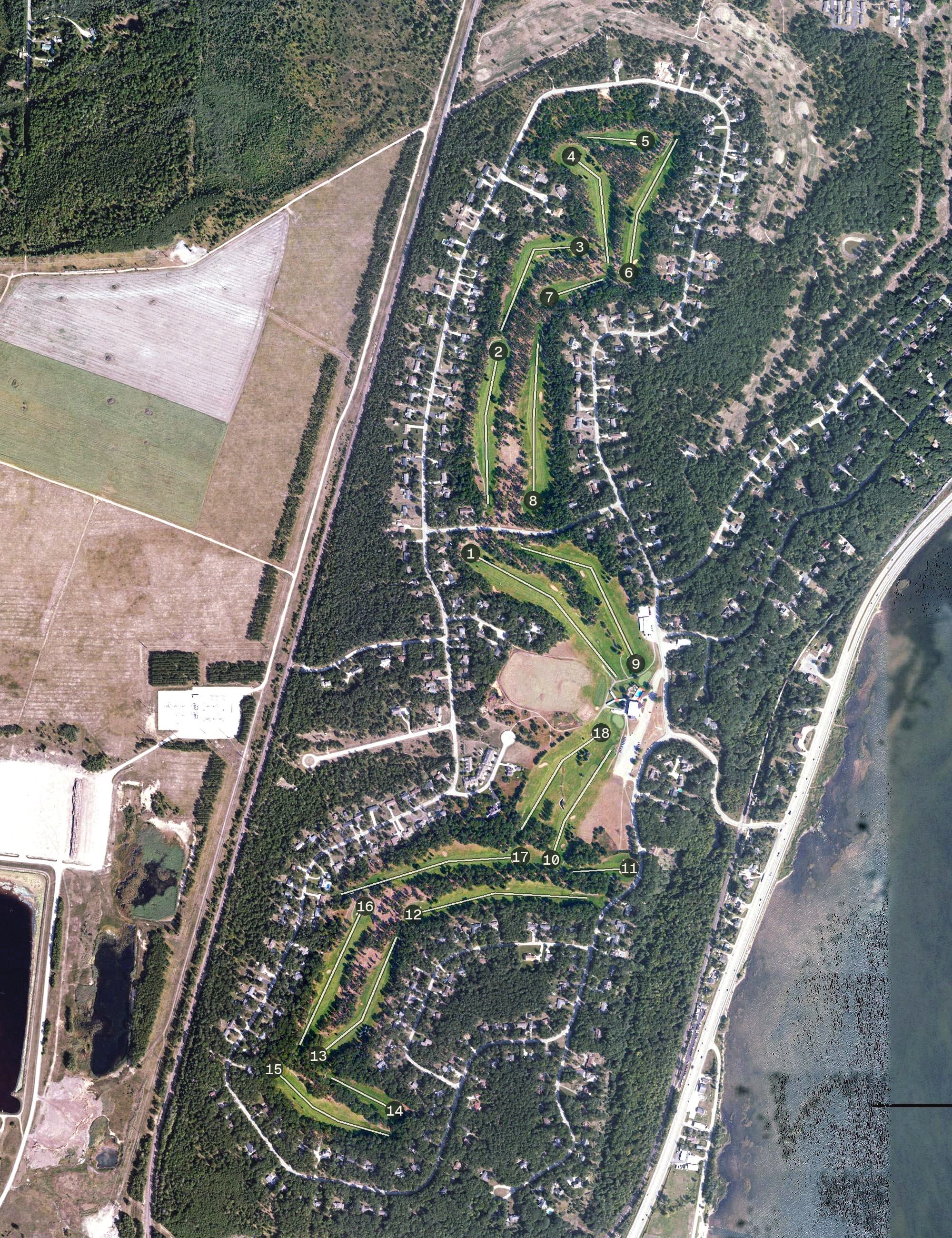 Aerial view of Terrace Bluff Golf Course, MI, with its hole routing marked