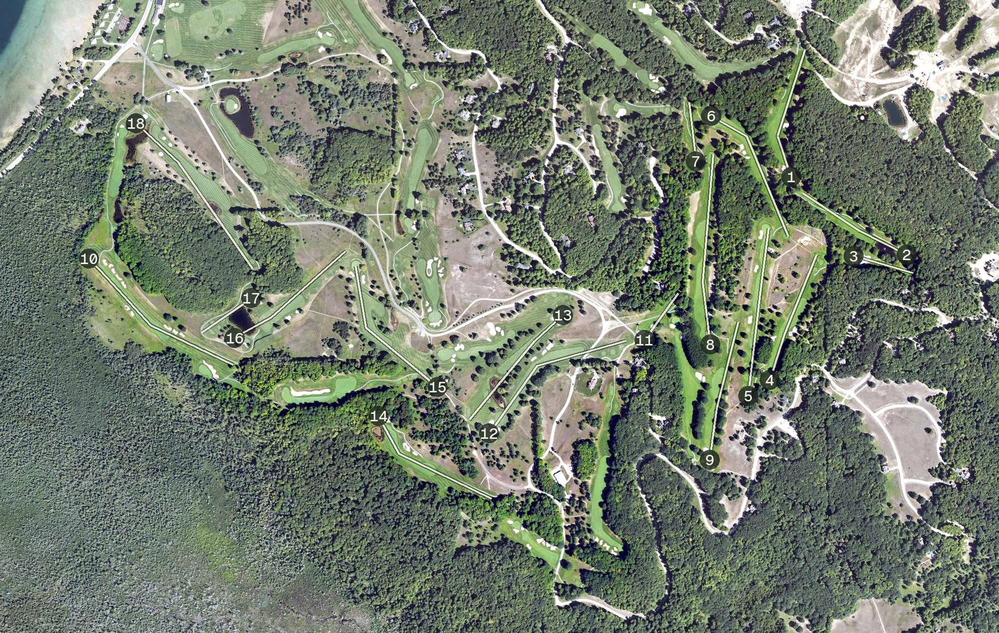 Aerial view of The Alpine, MI, with its hole routing marked