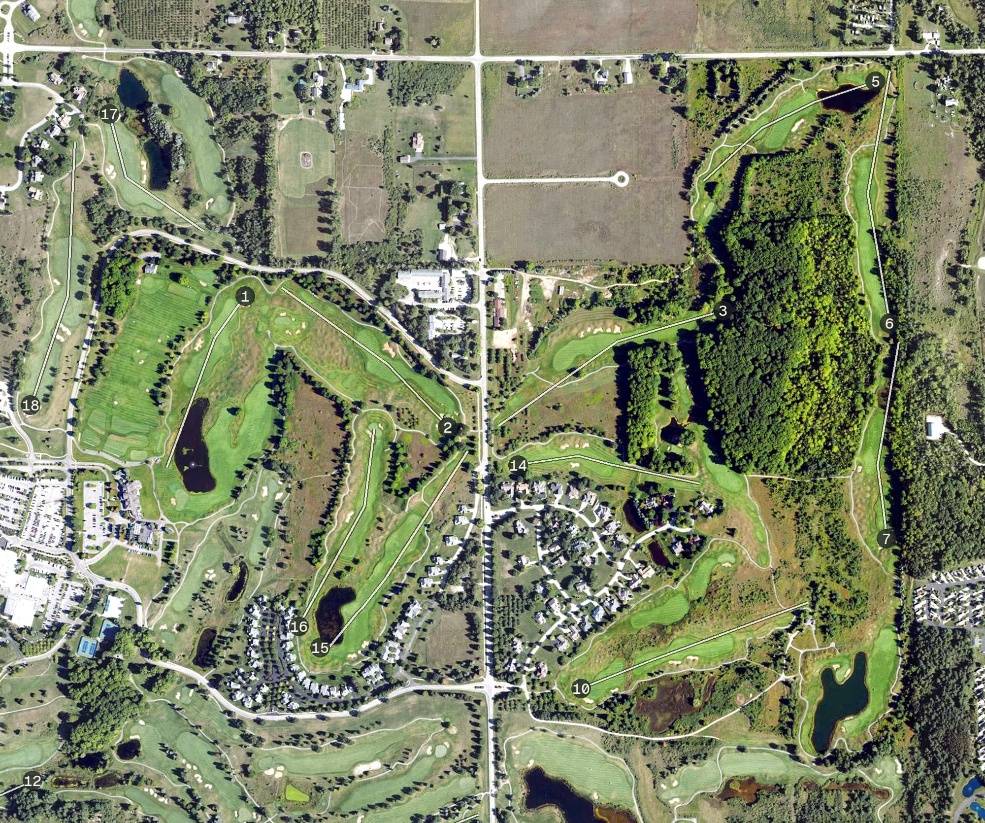 Aerial view of The Bear Golf Course, MI, with its hole routing marked