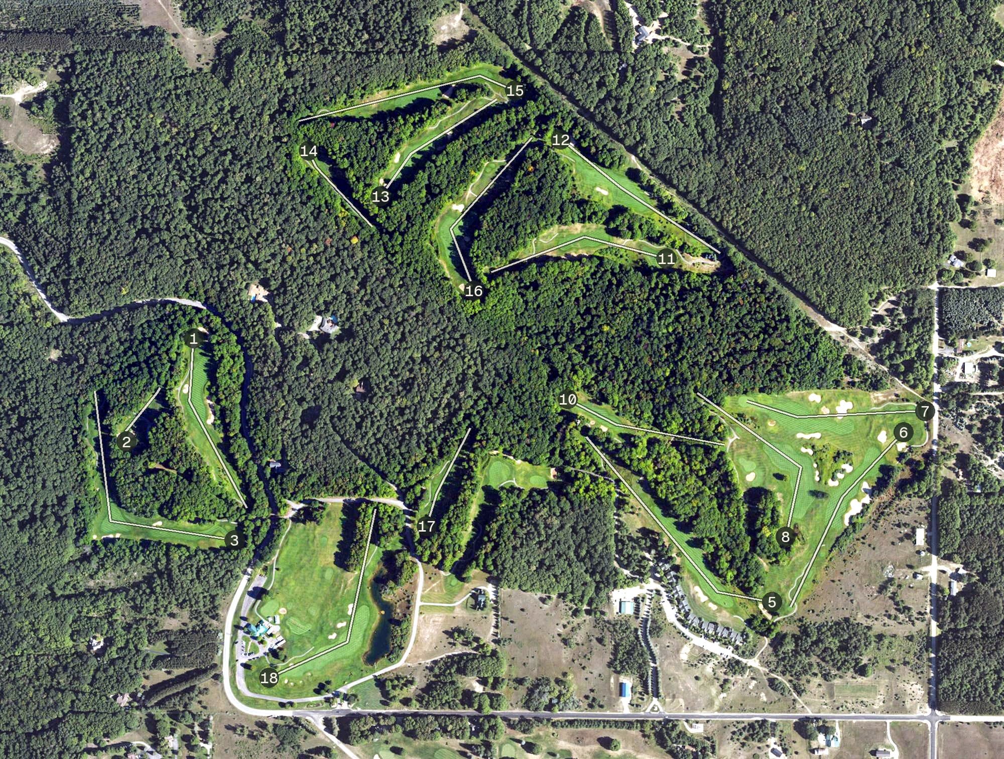 Aerial view of The Chief Golf Course, MI, with its hole routing marked