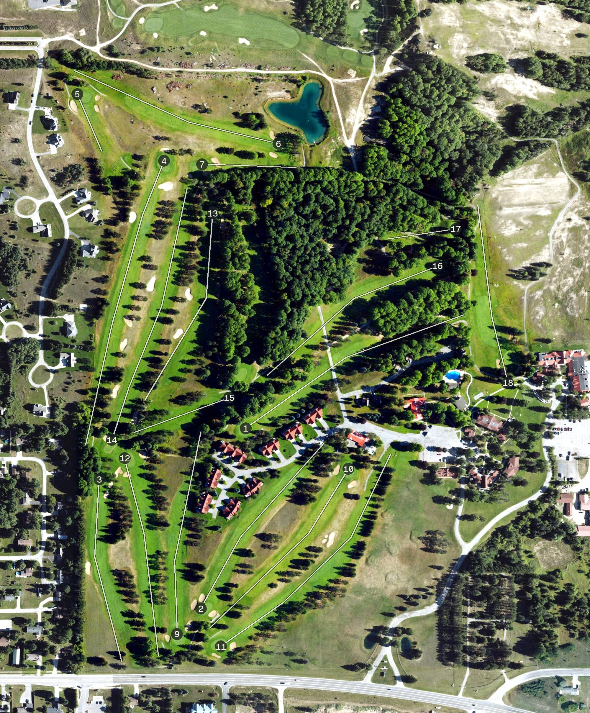 Aerial view of The Classic, MI, with its hole routing marked