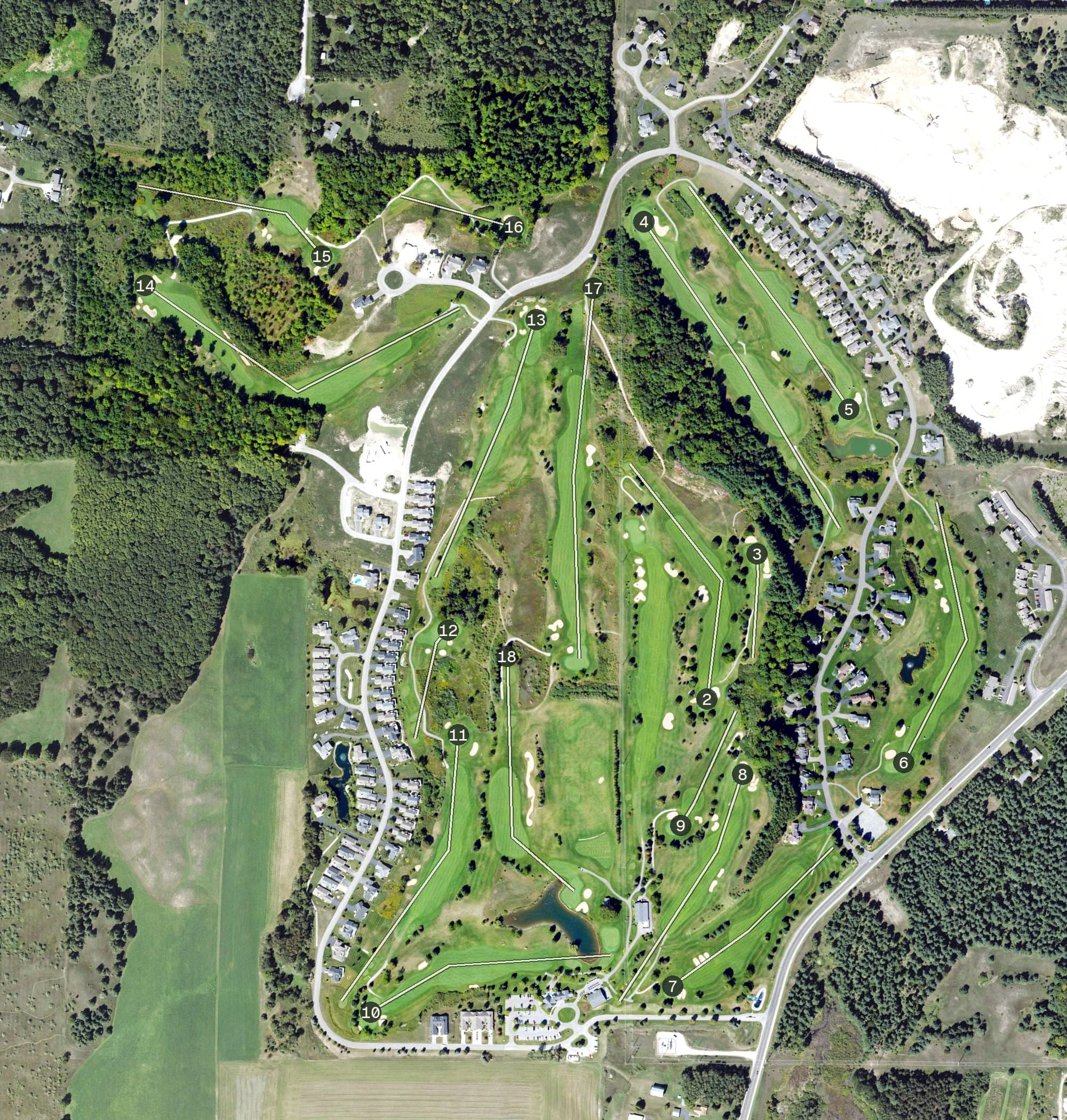 Aerial view of The Crown Golf Club, MI, with its hole routing marked