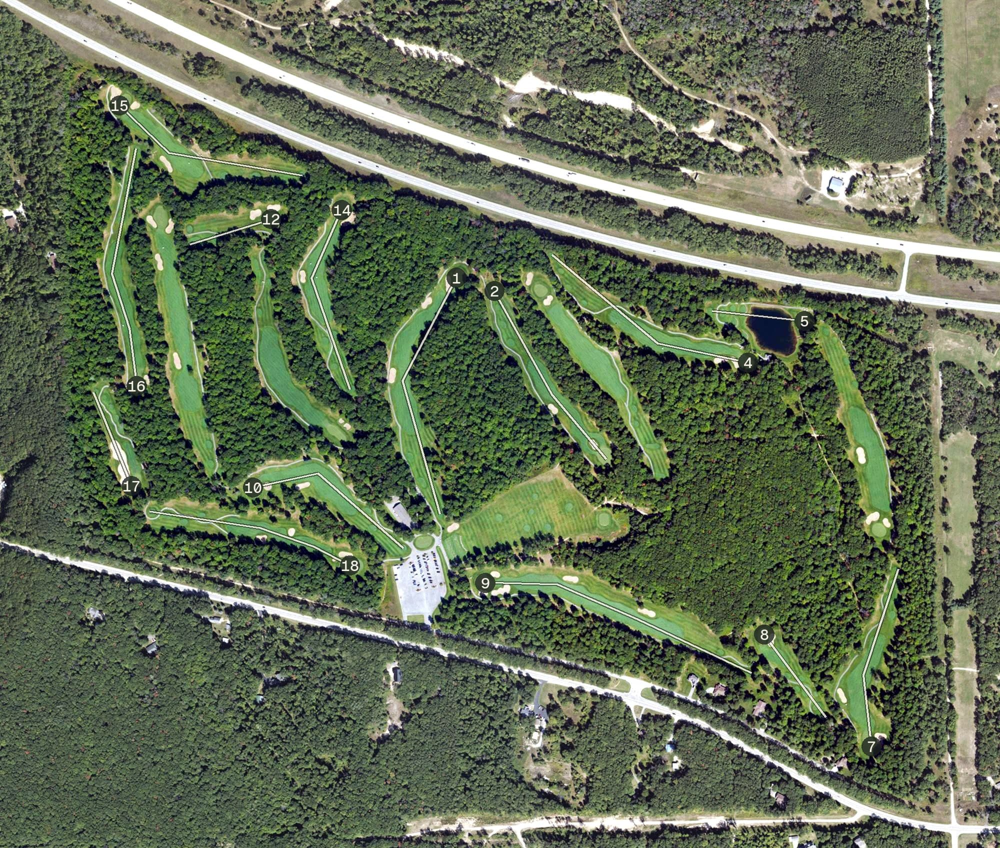 Aerial view of The Dream GC, MI, with its hole routing marked