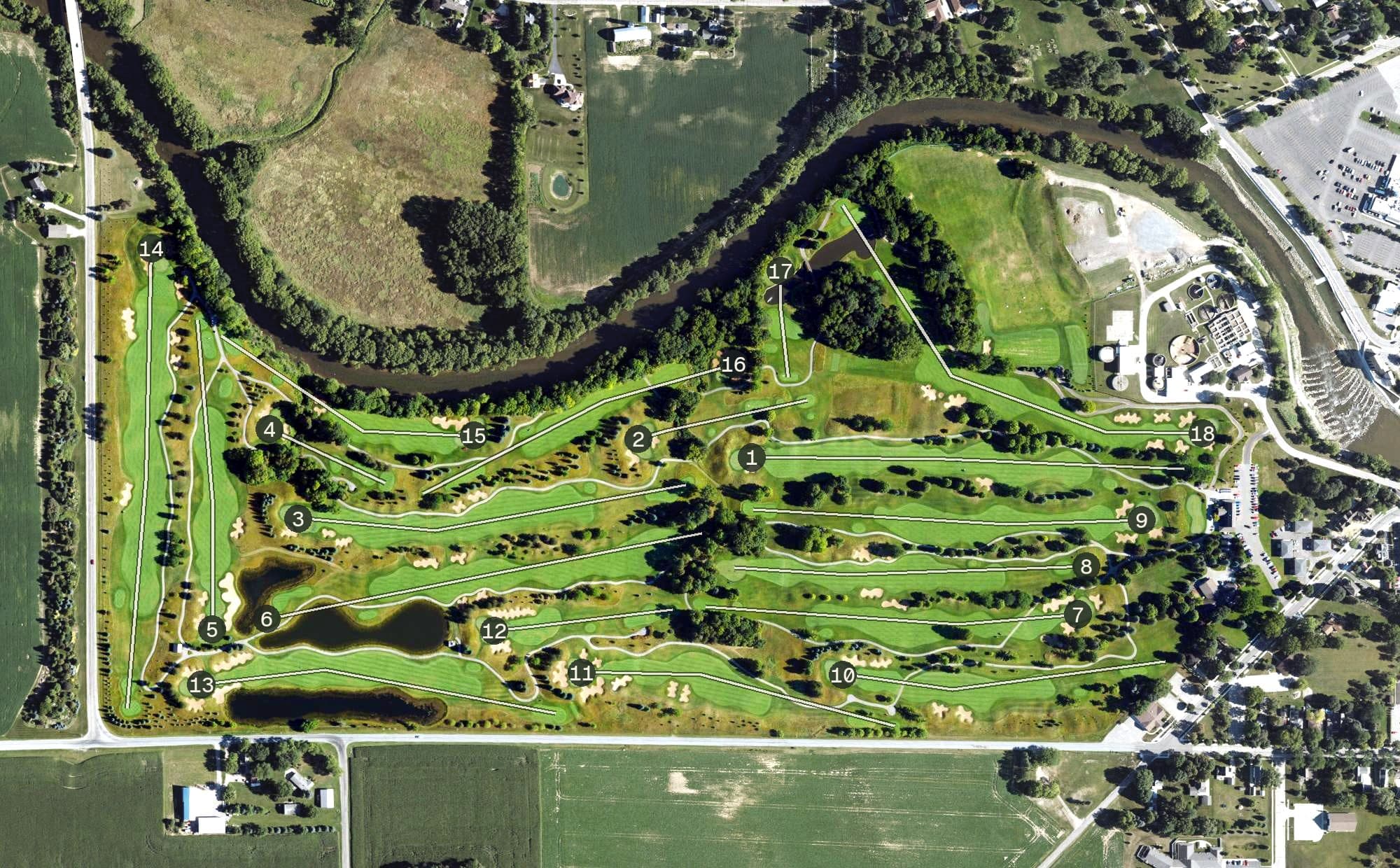 Aerial view of The Fortress Golf Course, MI, with its hole routing marked