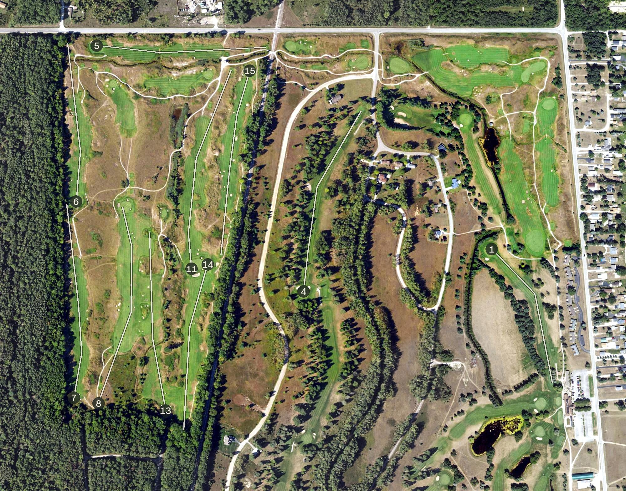 Aerial view of The Gailes, MI, with its hole routing marked