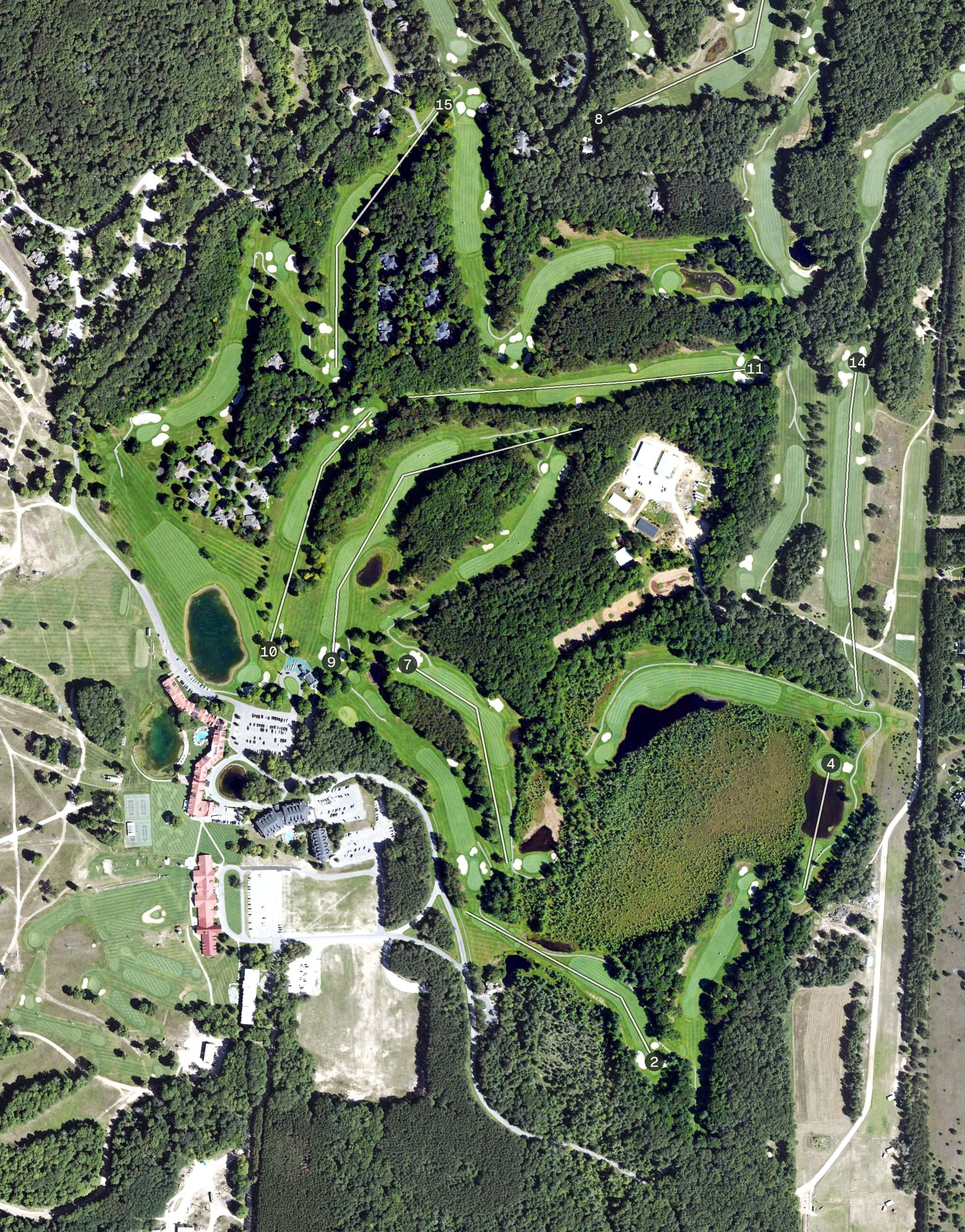 Aerial view of The Heather, MI, with its hole routing marked