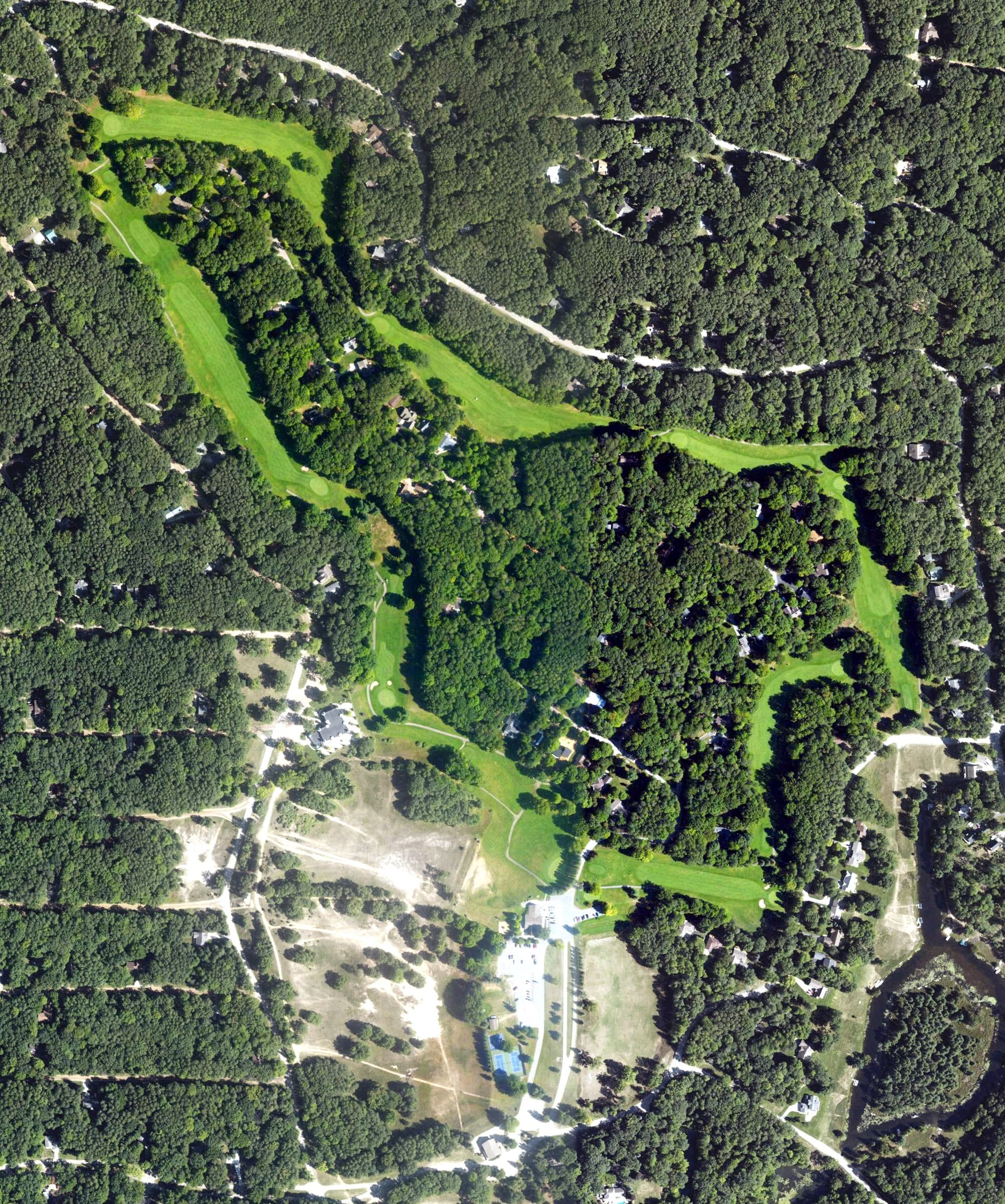 Aerial view of The Highlands, MI, with its hole routing marked