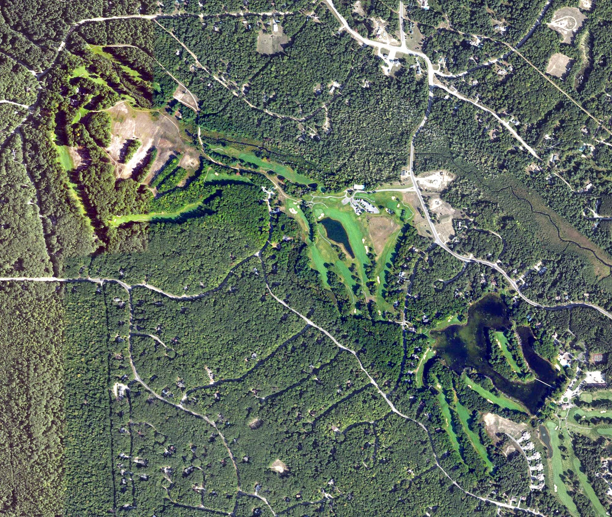 Aerial view of The Lakes Golf Course, MI, with its hole routing marked