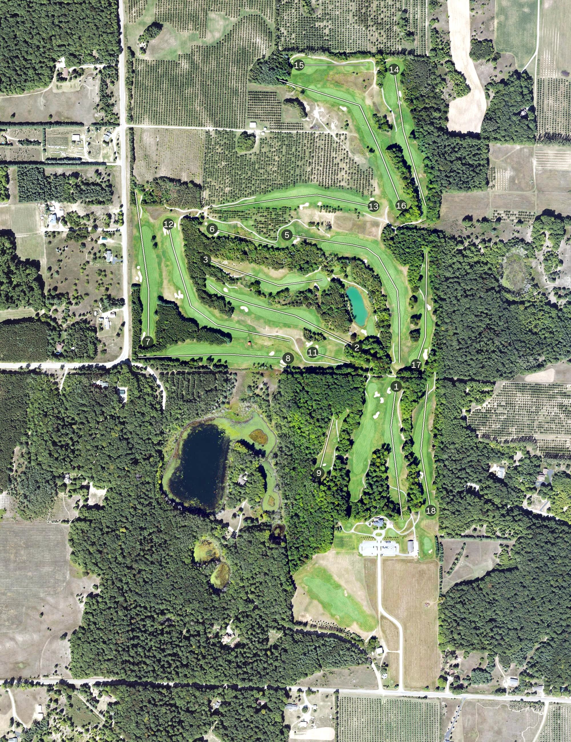 Aerial view of The Leelanau Club at Bahle Farms, MI, with its hole routing marked