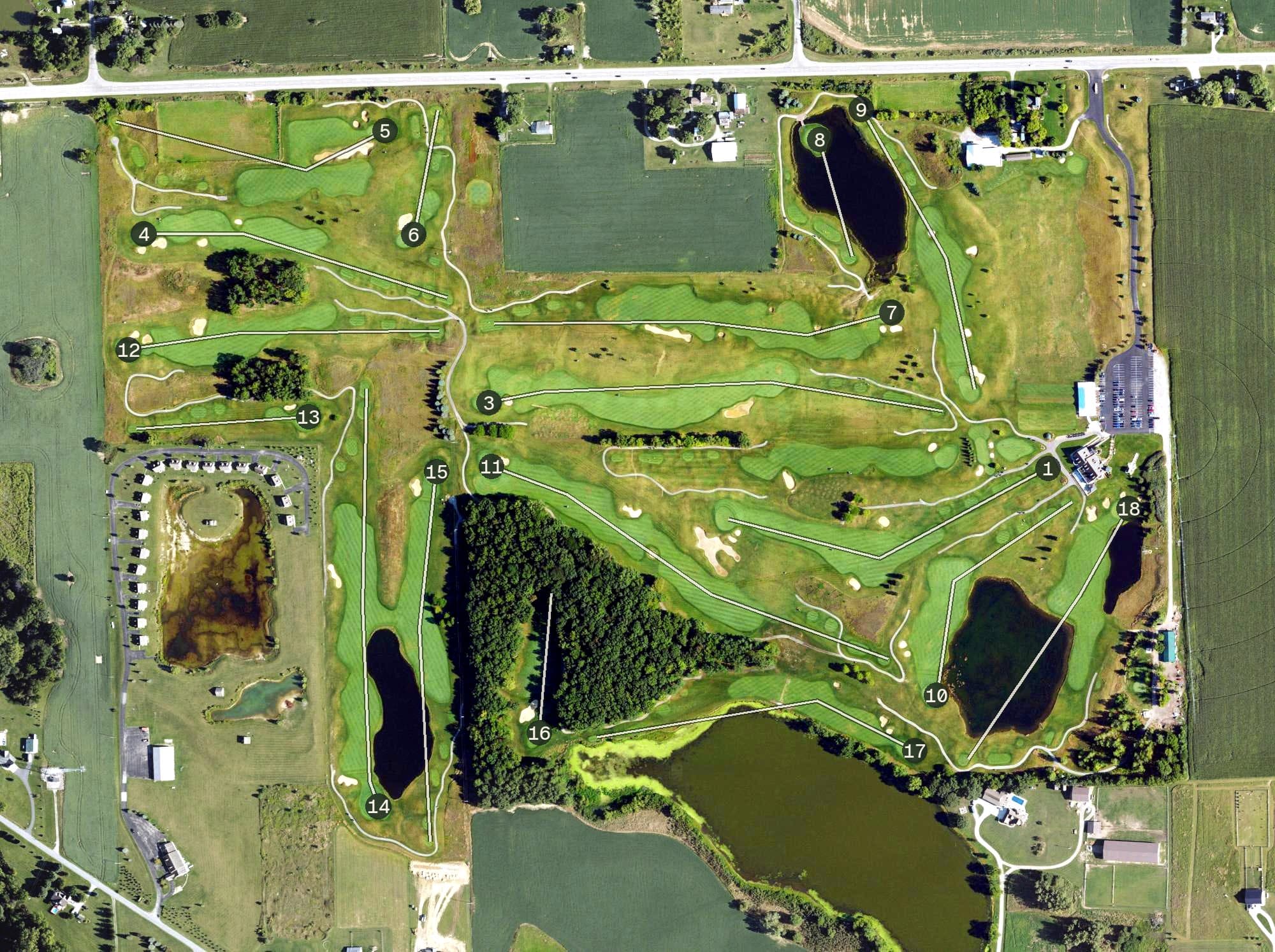 Aerial view of The Legacy Golf Club, MI, with its hole routing marked