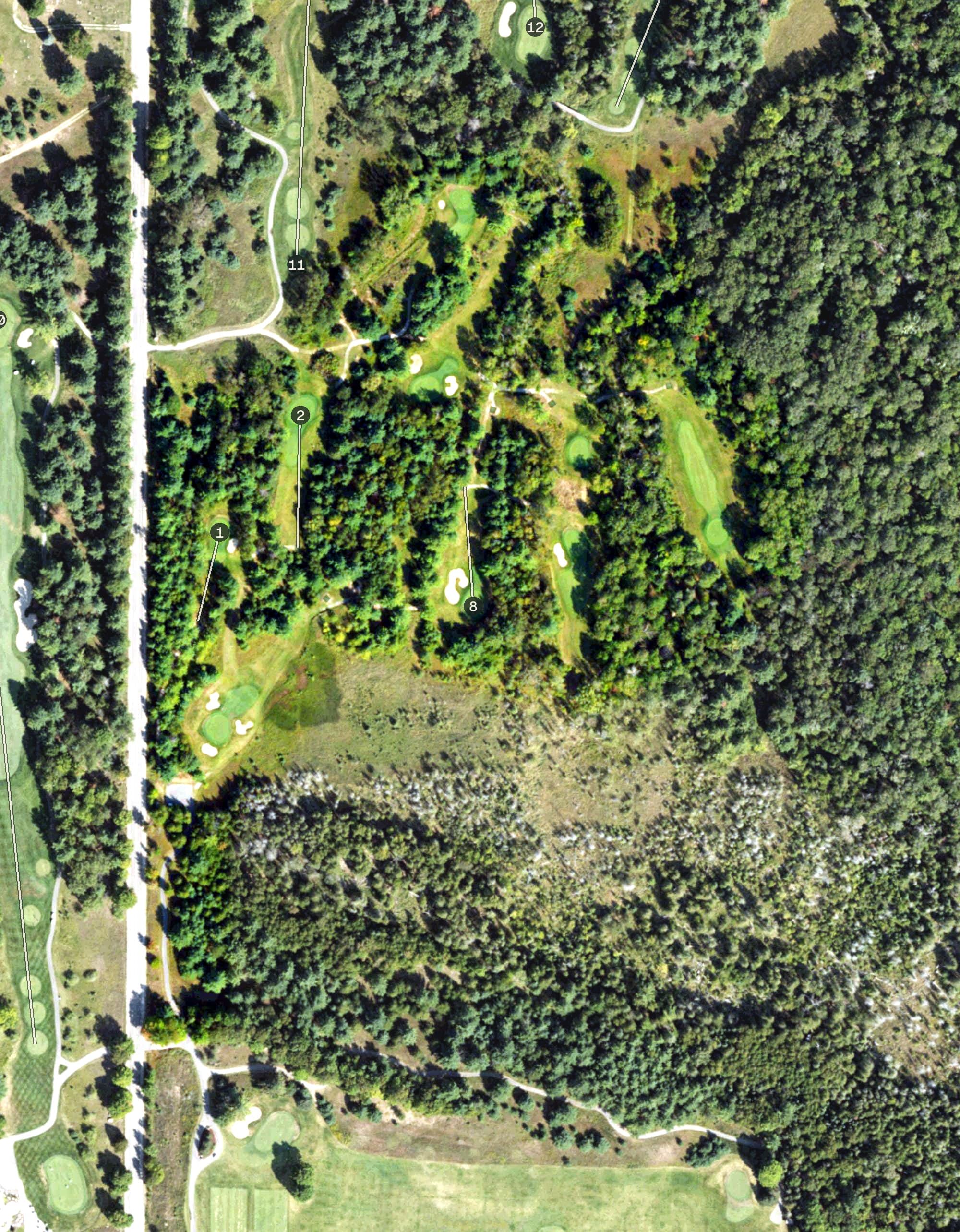 Aerial view of The Little Course, MI, with its hole routing marked