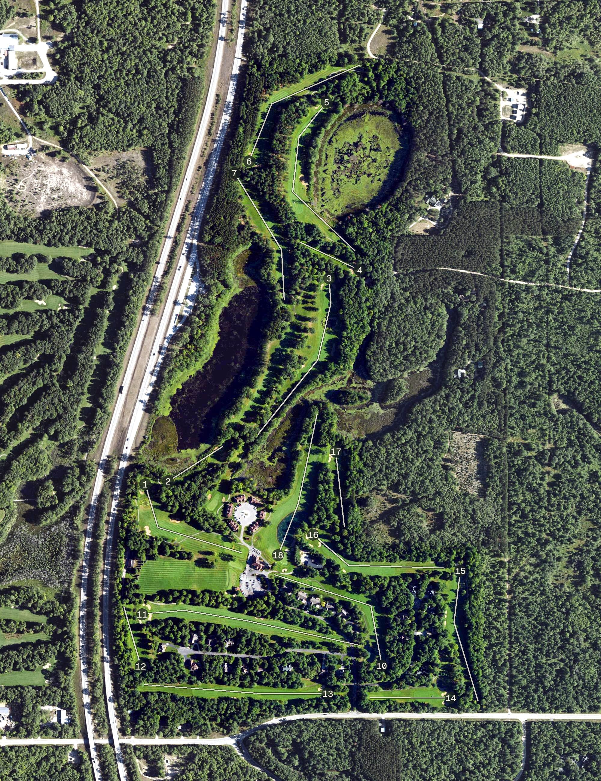 Aerial view of The Loon Golf Resort, MI, with its hole routing marked