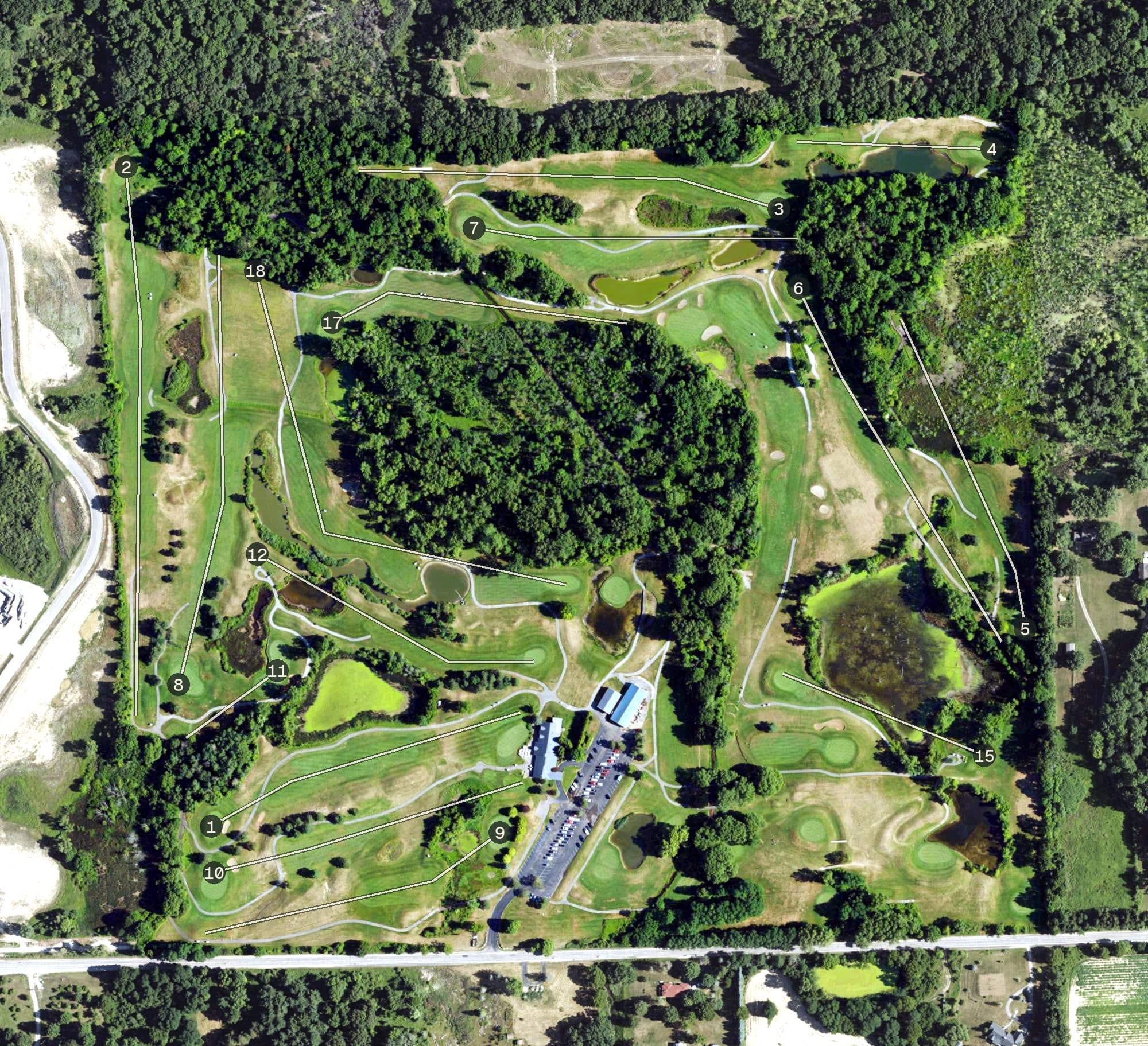 Aerial view of The Myth, MI, with its hole routing marked