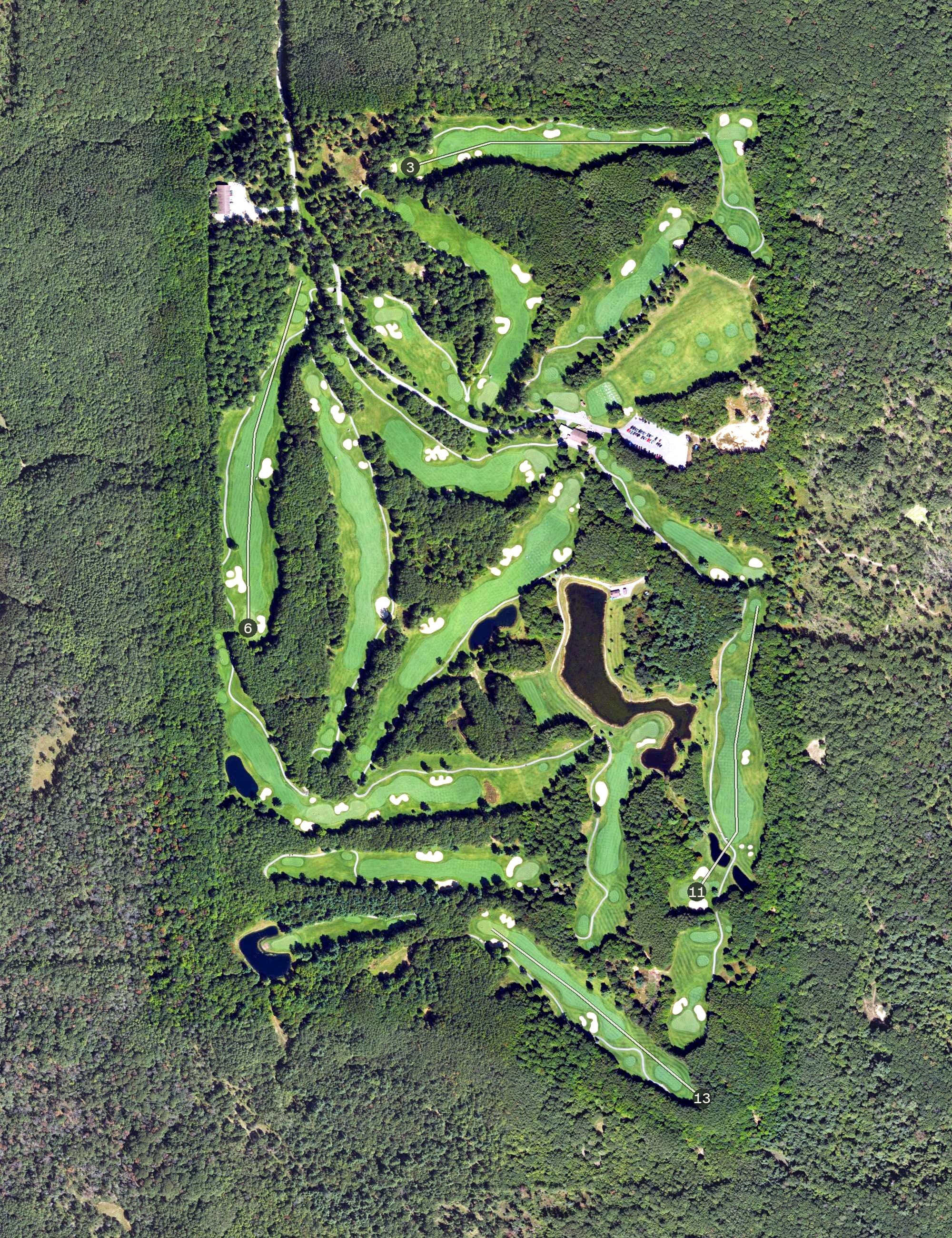 Aerial view of The Nightmare GC, MI, with its hole routing marked
