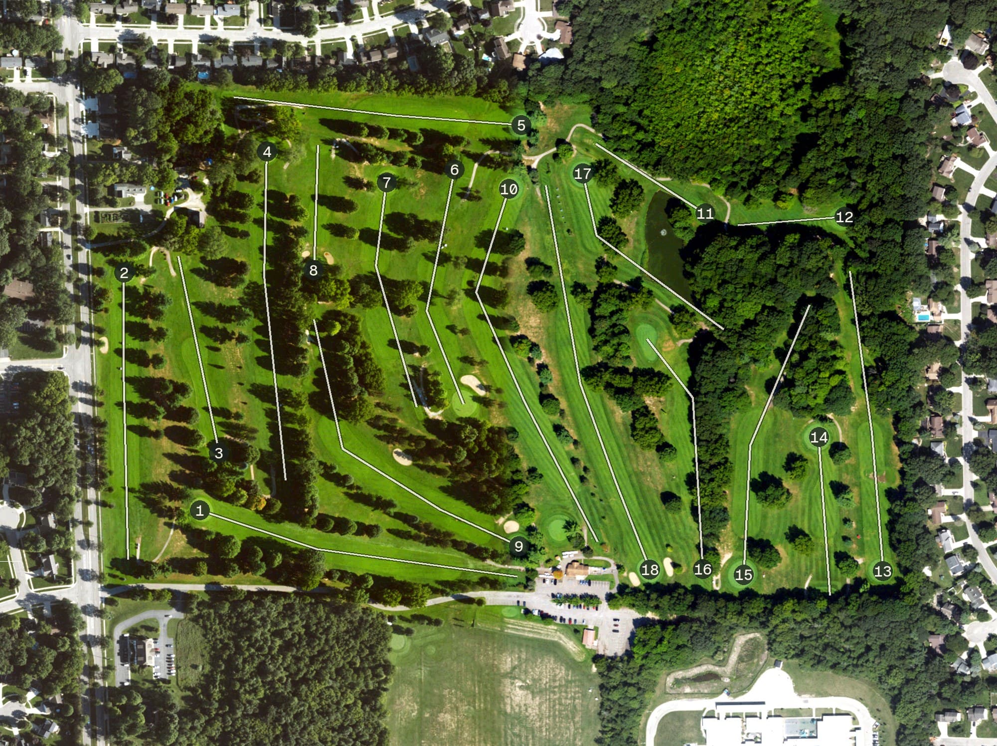 Aerial view of The Pines Golf Course, MI, with its hole routing marked