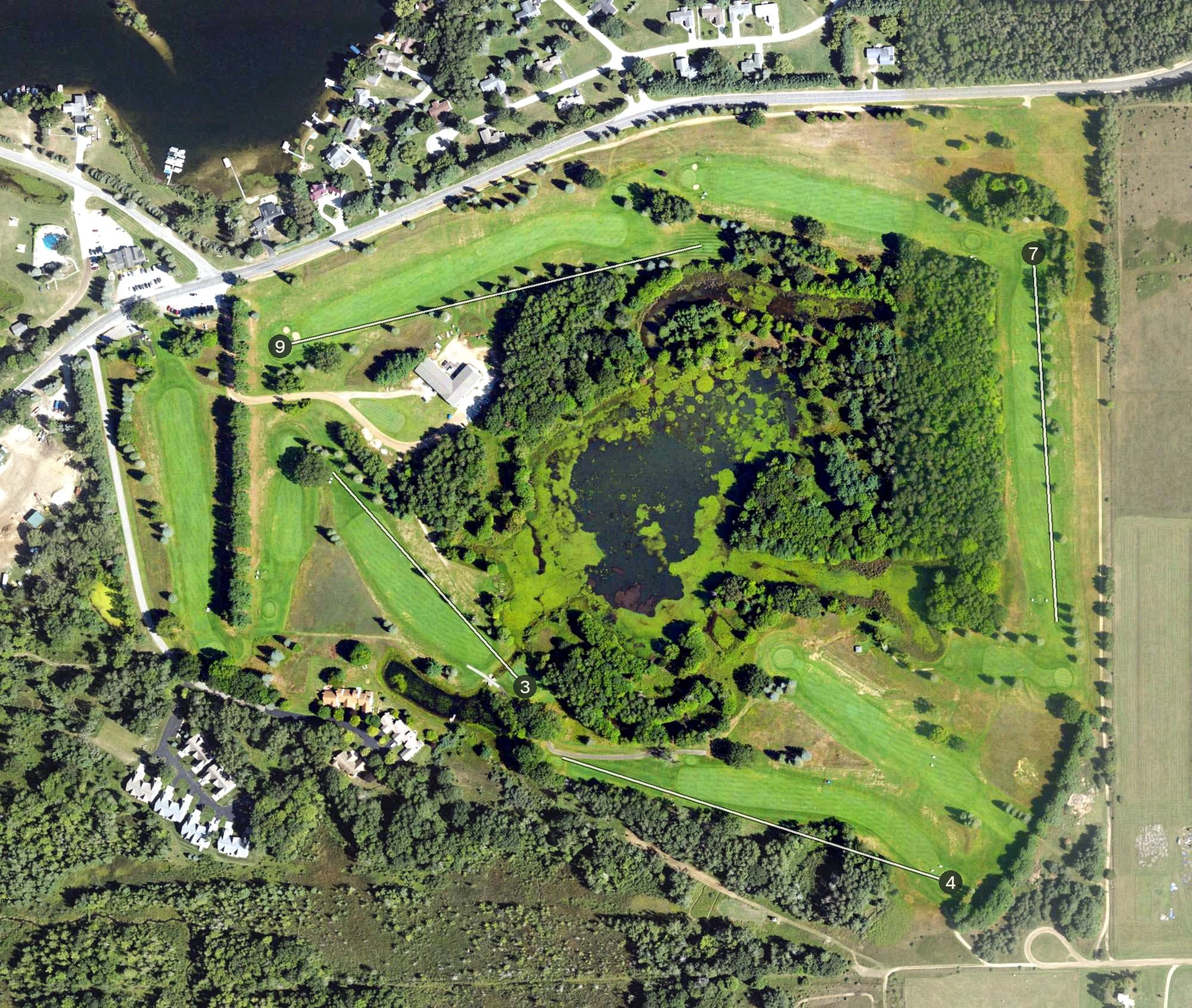 Aerial view of The Pines, MI, with its hole routing marked