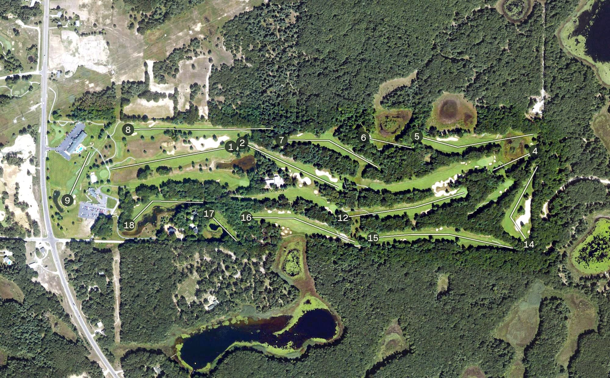 Aerial view of The Retreat, MI, with its hole routing marked