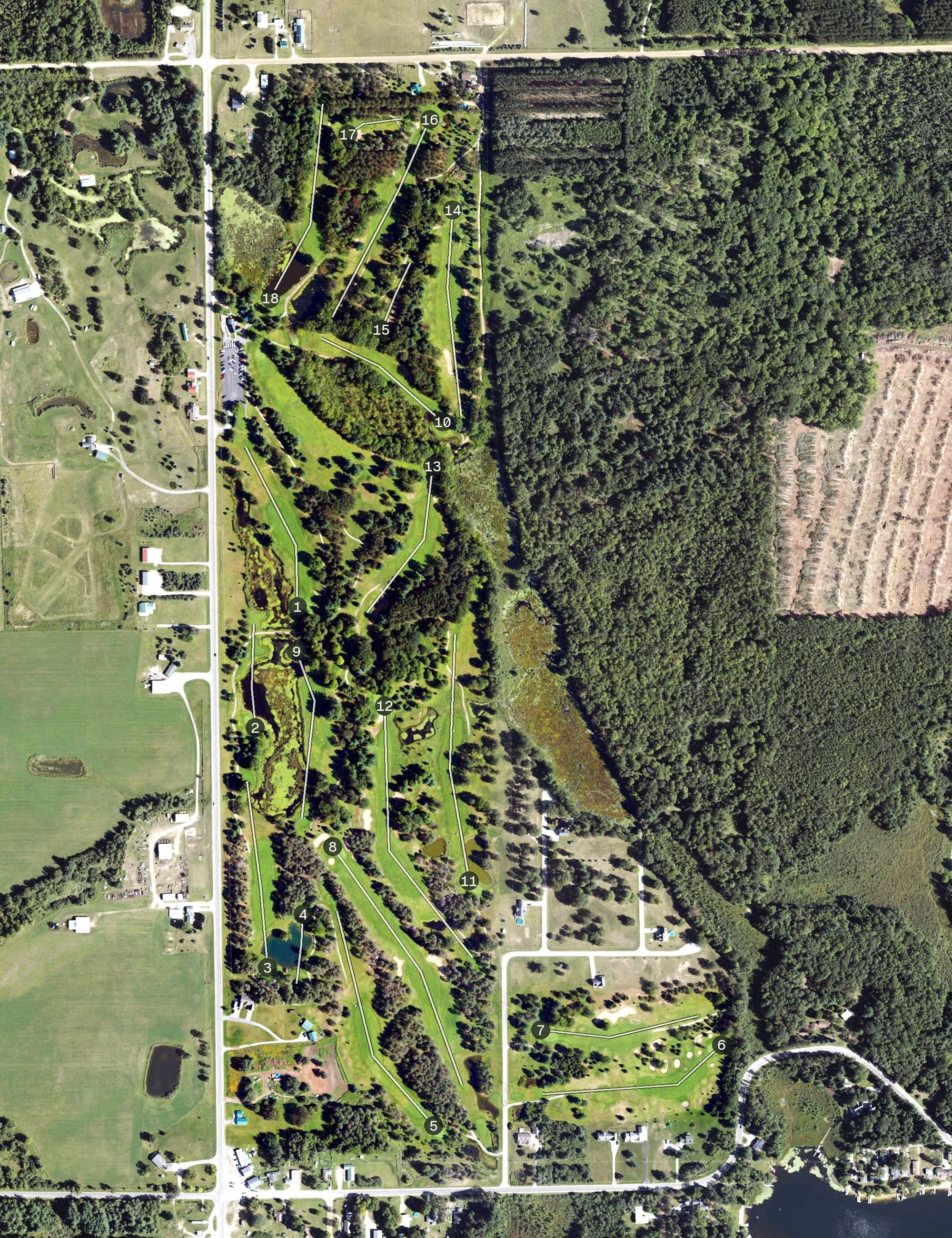 Aerial view of The Tamaracks Golf Course, MI, with its hole routing marked