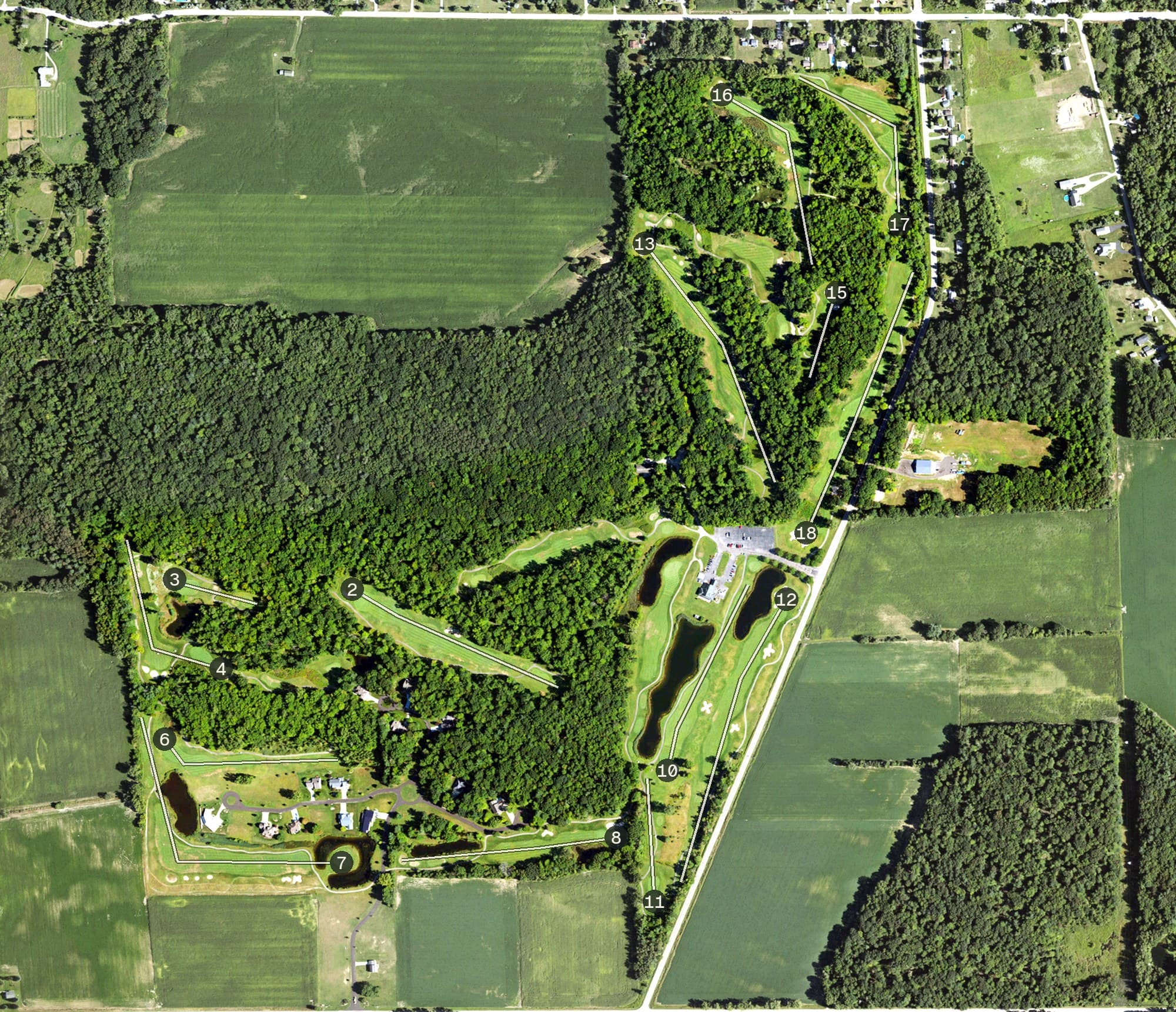 Aerial view of The Timbers Golf Club, MI, with its hole routing marked
