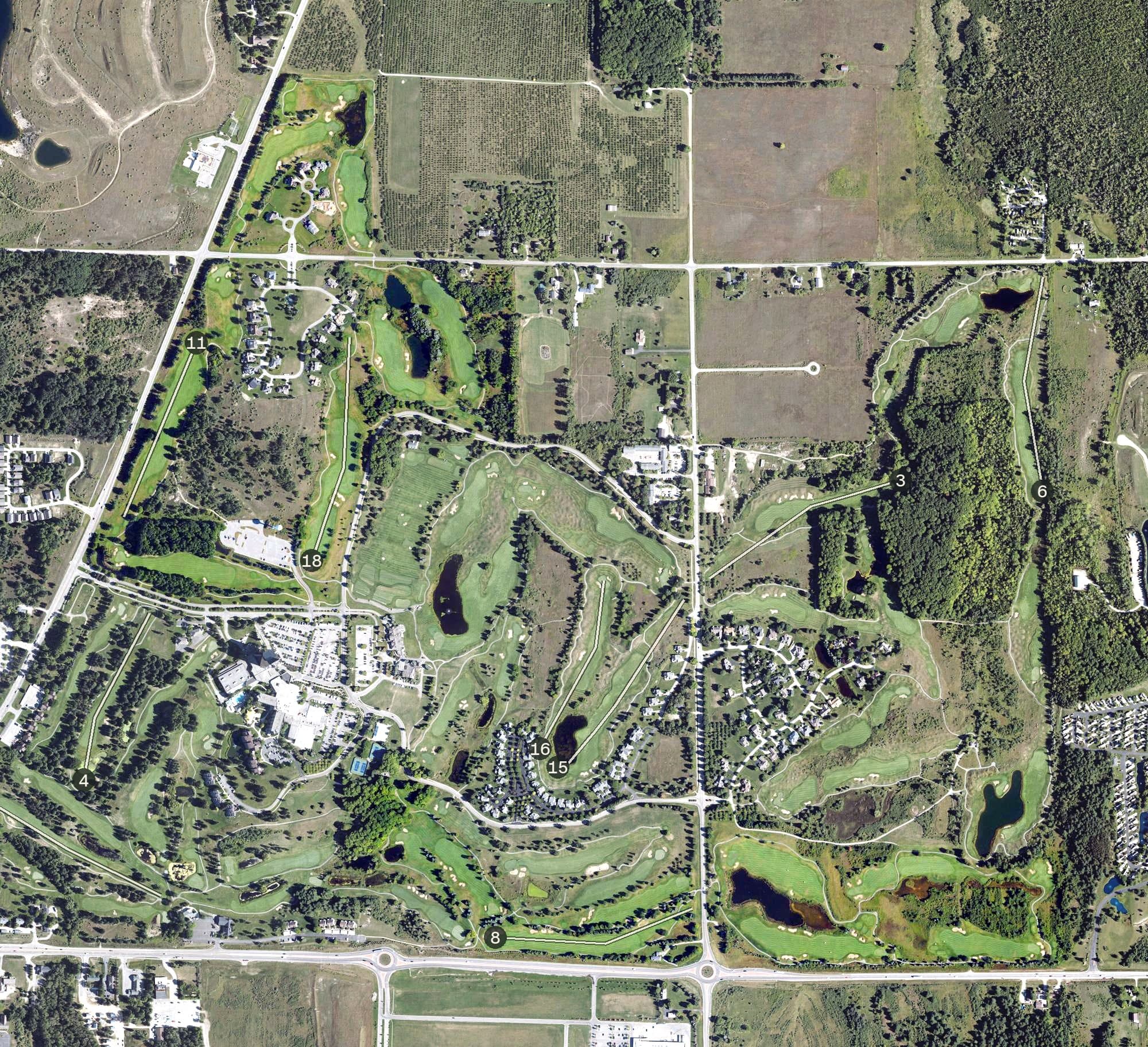 Aerial view of The Wolverine Golf Course, MI, with its hole routing marked