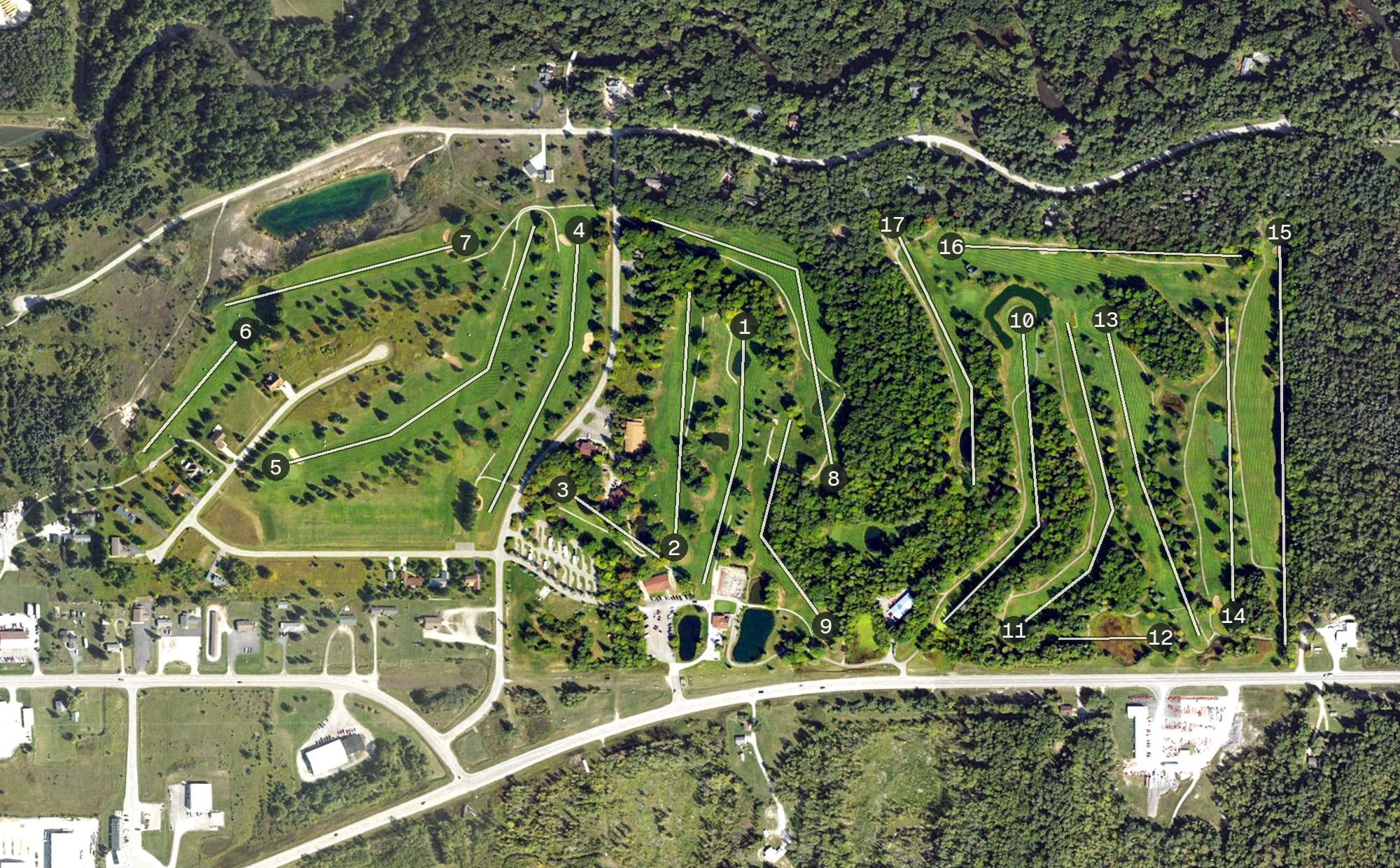 Aerial view of Thunder Bay Resort, MI, with its hole routing marked