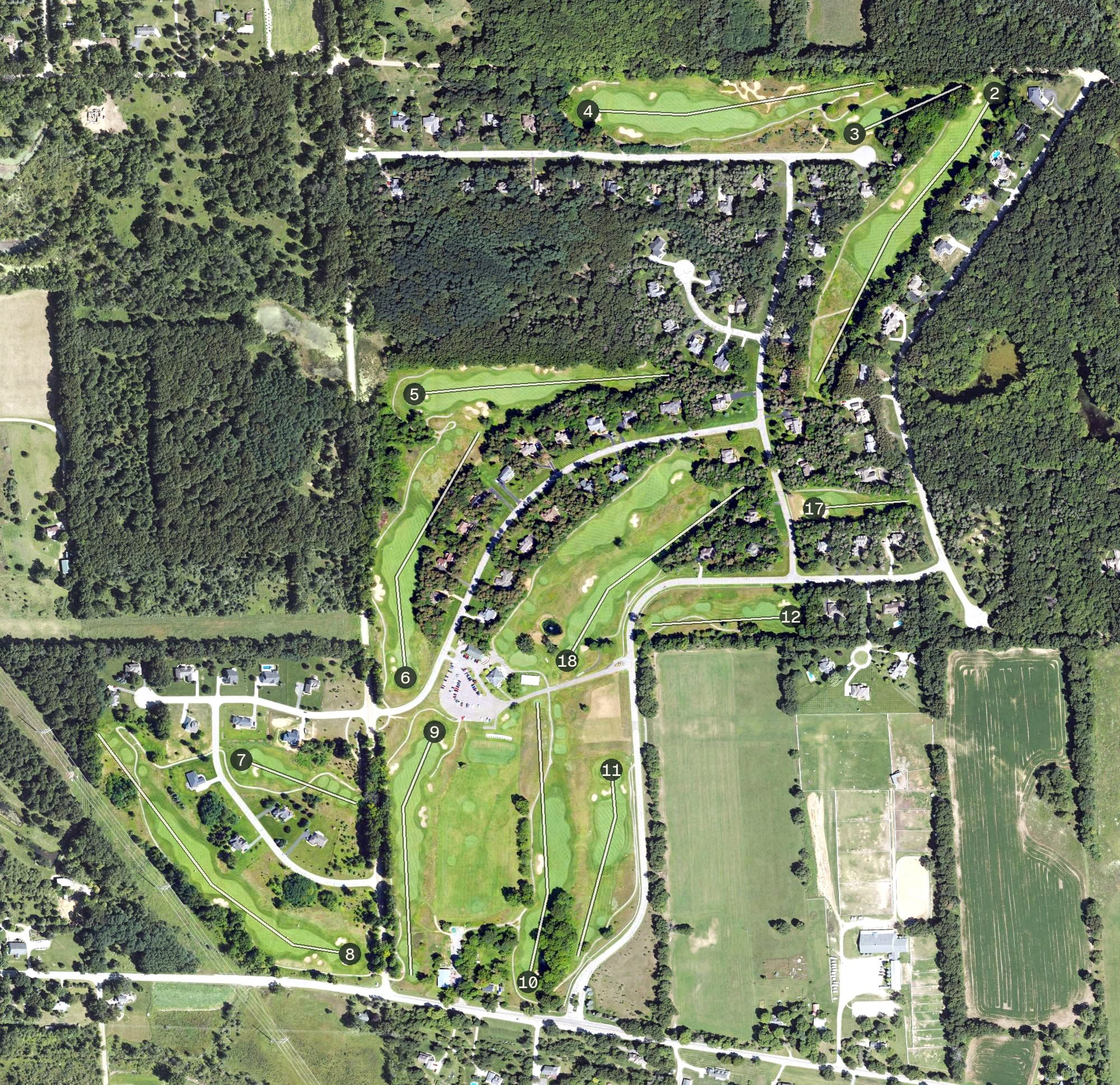Aerial view of Timber Trace Golf Club, MI, with its hole routing marked