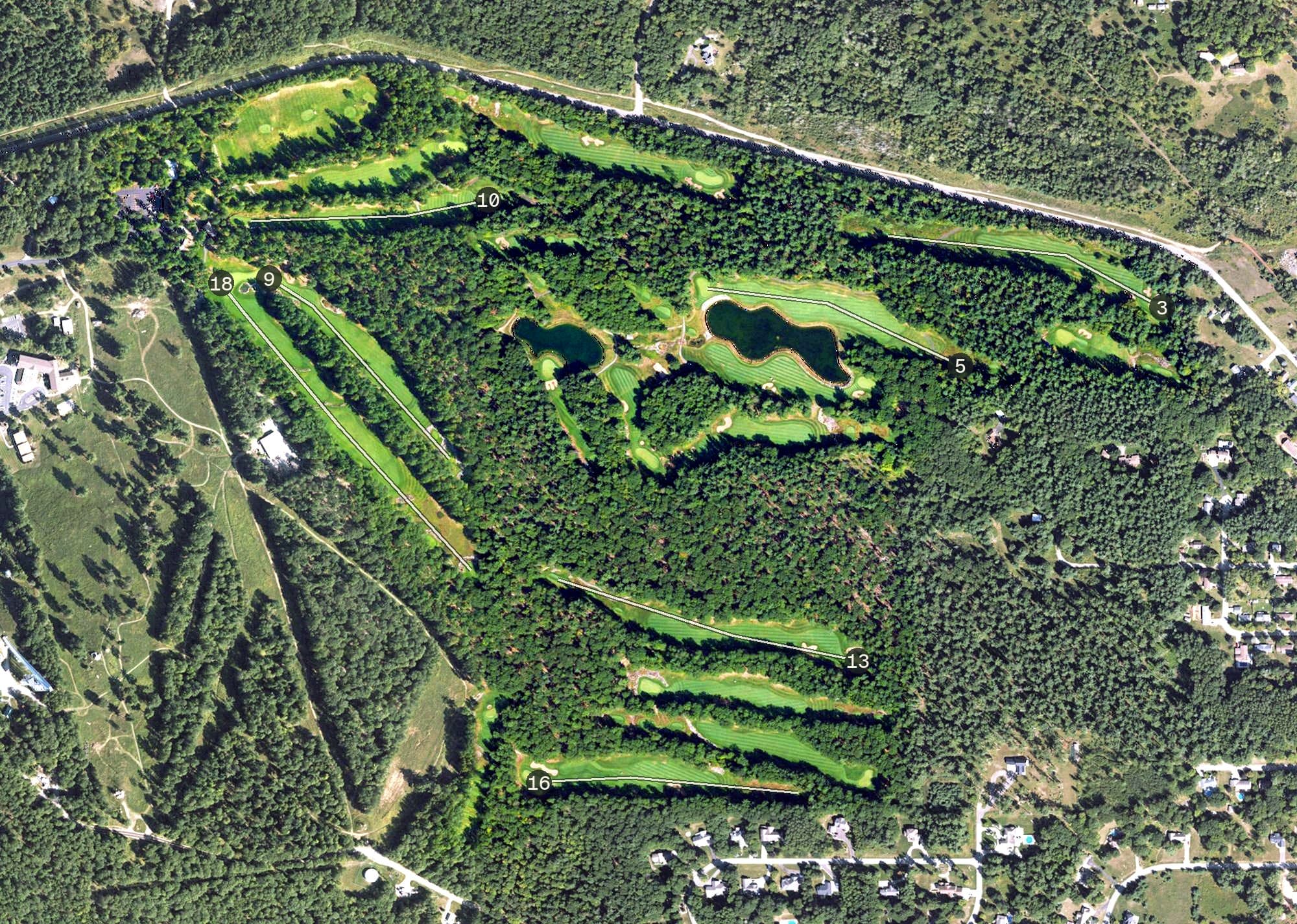 Aerial view of Timberstone, MI, with its hole routing marked