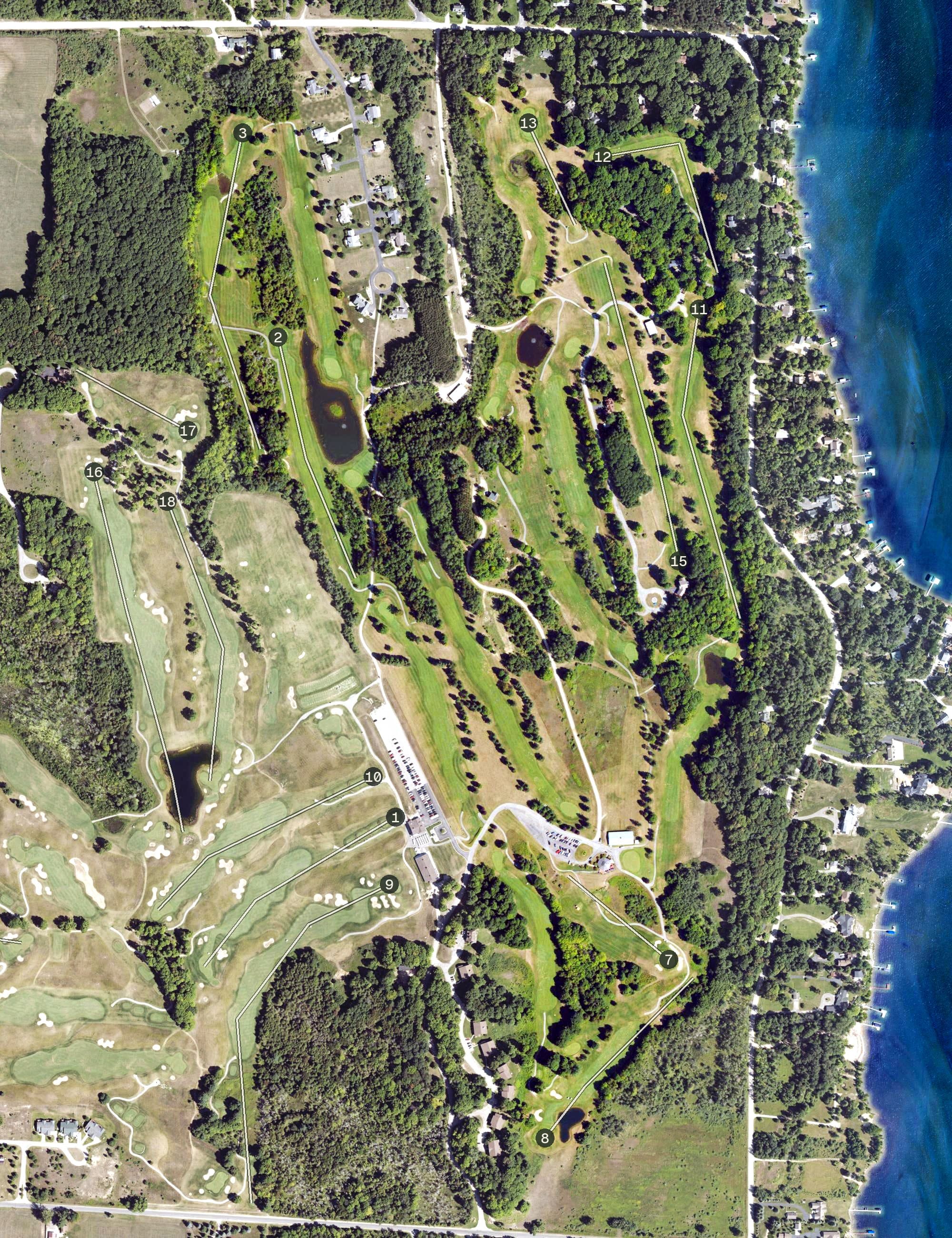 Aerial view of Torch, MI, with its hole routing marked