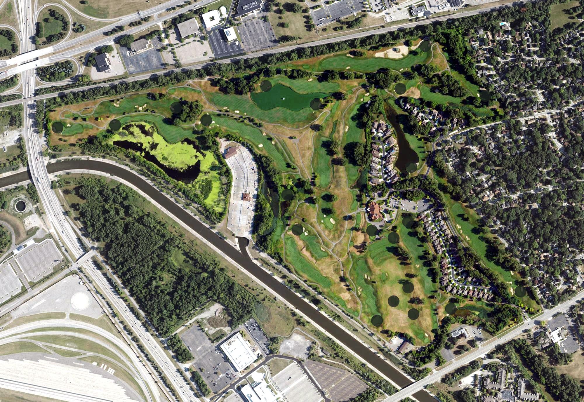 Aerial view of TPC Michigan, MI, with its hole routing marked